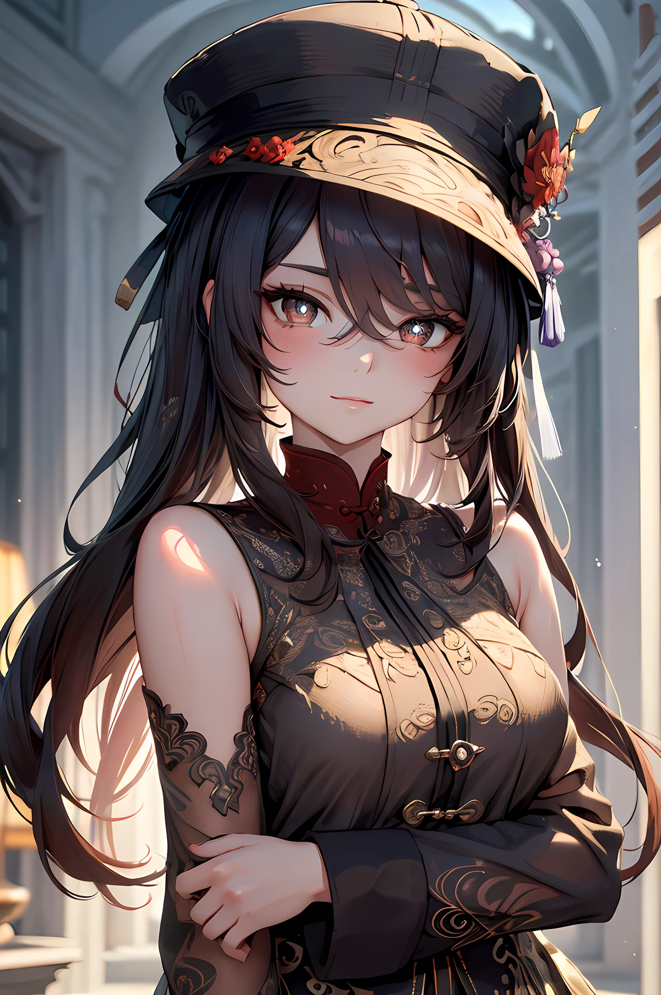 (best quality:1.1), (masterpiece:1.2), 1girl, high quality shadow, ((beautiful detailed)), (high detailed skin, skin details), (wide landscape, 8k), beautiful face, (detailed eyes), depth of field, dramatic light, best quality, highres, ((best shadow)), hu tao(genshin impact), boo tao, symbol shaped pupils, hat, smile, blush