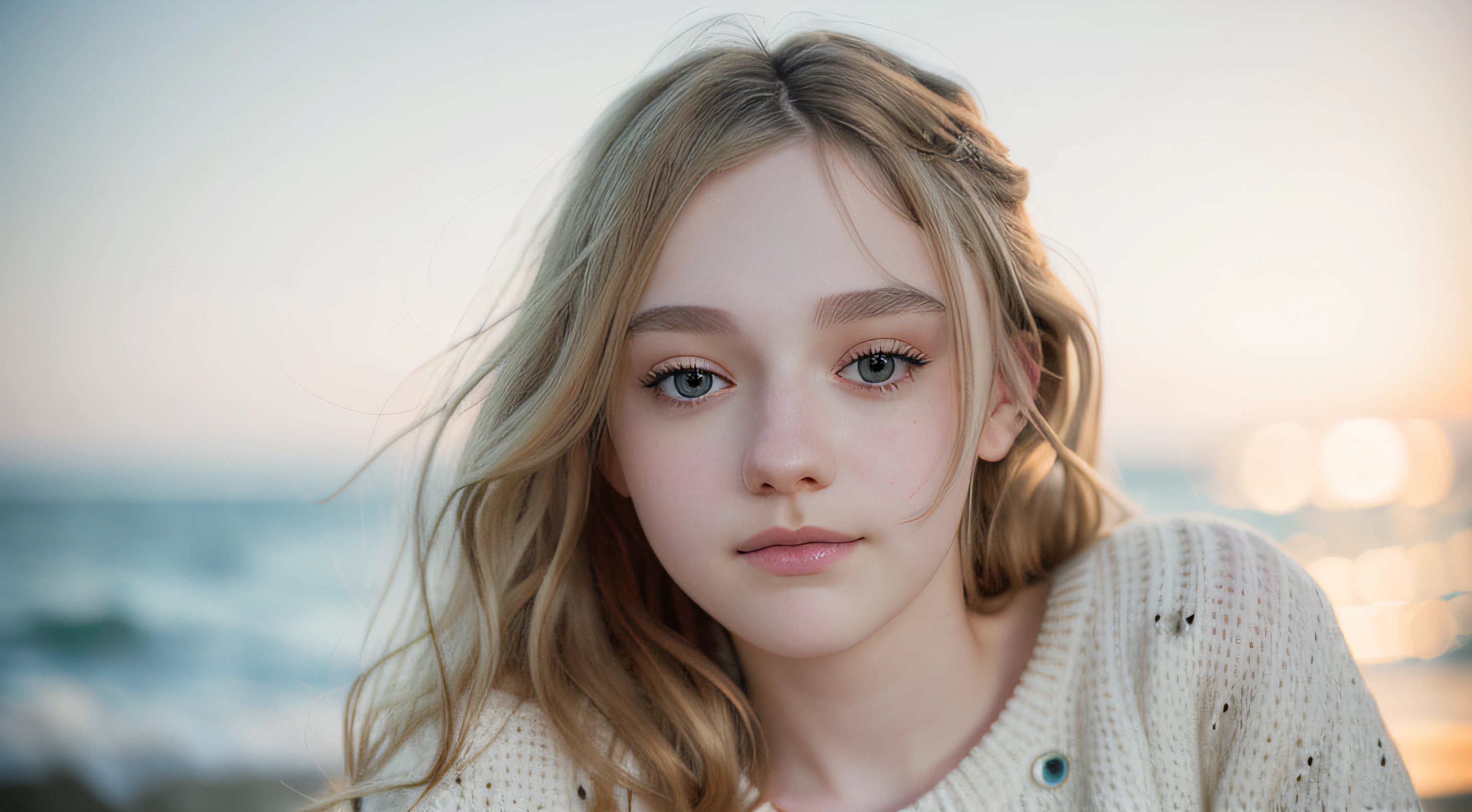 a beautiful woman, on the beach at midnight, white knitted sweater, waves in the background, moonlight, raw, 8k, uhd, upper body, (close up, headshot), [smiling]