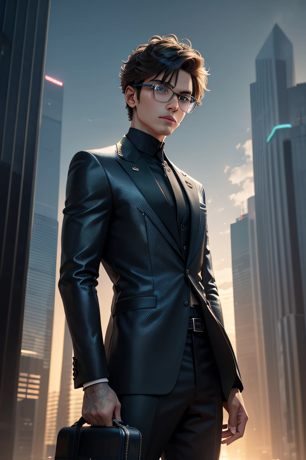 Understood., Based on the input provided, Create a visualization "Men's business fashion of the future" This translates to "Men's business fashion of the future."
**Image parameters of future men's business fashion**:
1. **shape (shape)**: Streamlined, Asymmetric cut.
2. **Color (Color)**: Gorgeous colors, Plata, Blues with neon accents.
3. **Textured (Texture)**: sleek, With hints of reflective material.
4. **Element placement (arrangement)**: Minimalist with strategically placed pockets and accessories.
5. **Writing (Lighting)**: Soft neon lights shine, Highlight the futuristic aspect.
6. **Background with (Background)**: City, skyscrapers and drones at sunset.
7. **constitute (Composition)**: Mid-shot of a man gently staring into the distance.
8. **time zone (Time of day)**: Twilight, Capture the city's sparkling lights.
9. **Emotions and atmosphere (emotive/ambiance)**: Full of kindness.
10. **Types of objects (Types of objects)**: Holographic Watch, Augmented reality glasses, Smart Shoes,Smart Bags.
11. **Scale (Scale)**: Life-size with city background showing grandeur.
12. **motion (motion)**: Dynamic Pose, Probably walk with purpose.
13. **styles (Style)**: Future.
14. **Focus of the gaze (focal)**: Holographic interface of a man's face and his surroundings.
15. **filters (Filter)**: Glamorous tones that accentuate the futuristic atmosphere.
16. **Camera Perspective (Camera Perspective)**: low angles, Capture the towering city.
17. **Patterns and patterns (Pattern)**: Geometric design of the outfit, Perhaps hexagonal or smooth lines.
18. **Facial expressions and poses (expression/Pose)**: kindly smile, advance.
19. **accent (accent)**: Neon Highlights, Especially about accessories.
20. **Physical properties (Physical properties)**: Fabrics that can be adjusted to body temperature and contours.
22. **architecture (architecture)**: Futuristic city, glass, And metal skyscrapers.
23. **season (season)**: spring, Heralding a new start or era.
24. **Contract degree (Contrasty)**: High C