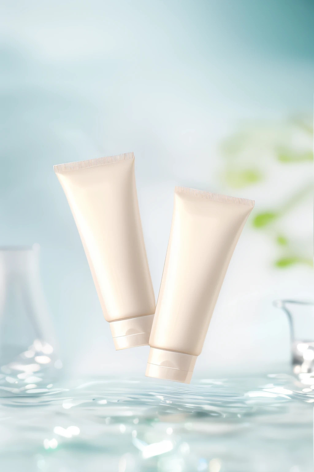 On the table next to the glass were two tubes of cream, high quality topical render, silicone skin, skin care, Clean face and body skin, crisp smooth clean lines, Skincare, Alternative, bottom angles, Product photo, Cream white background, Smooth porcelain skin, wide portrait, product, product introduction photos, author:Tadashi Nakayama, perfume, SleekDesign