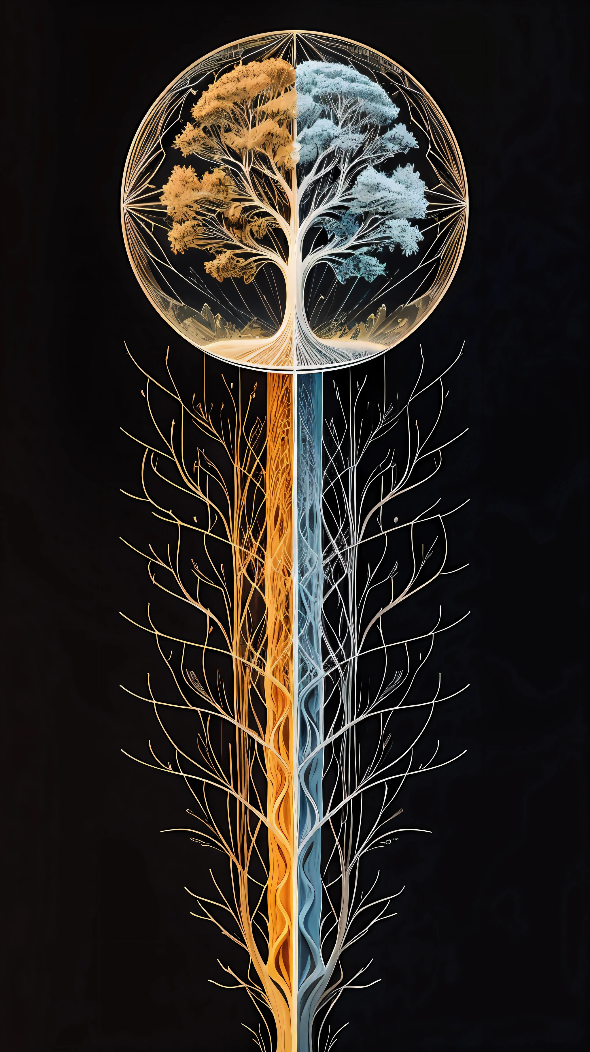 Beautiful symmetrical full body photo painted in oil with thick brushstrokes and wet paint, Fibonacci, golden ratio, melted wax, visible brushstrokes, surrounded by crystal spheres, 3D tessellation wireframe, neural graphic, neurons, tree of life, color, love, passion, oil on canvas, thick brushstrokes, insanely detailed, 8k uhd, masterpiece, artstation, surreal