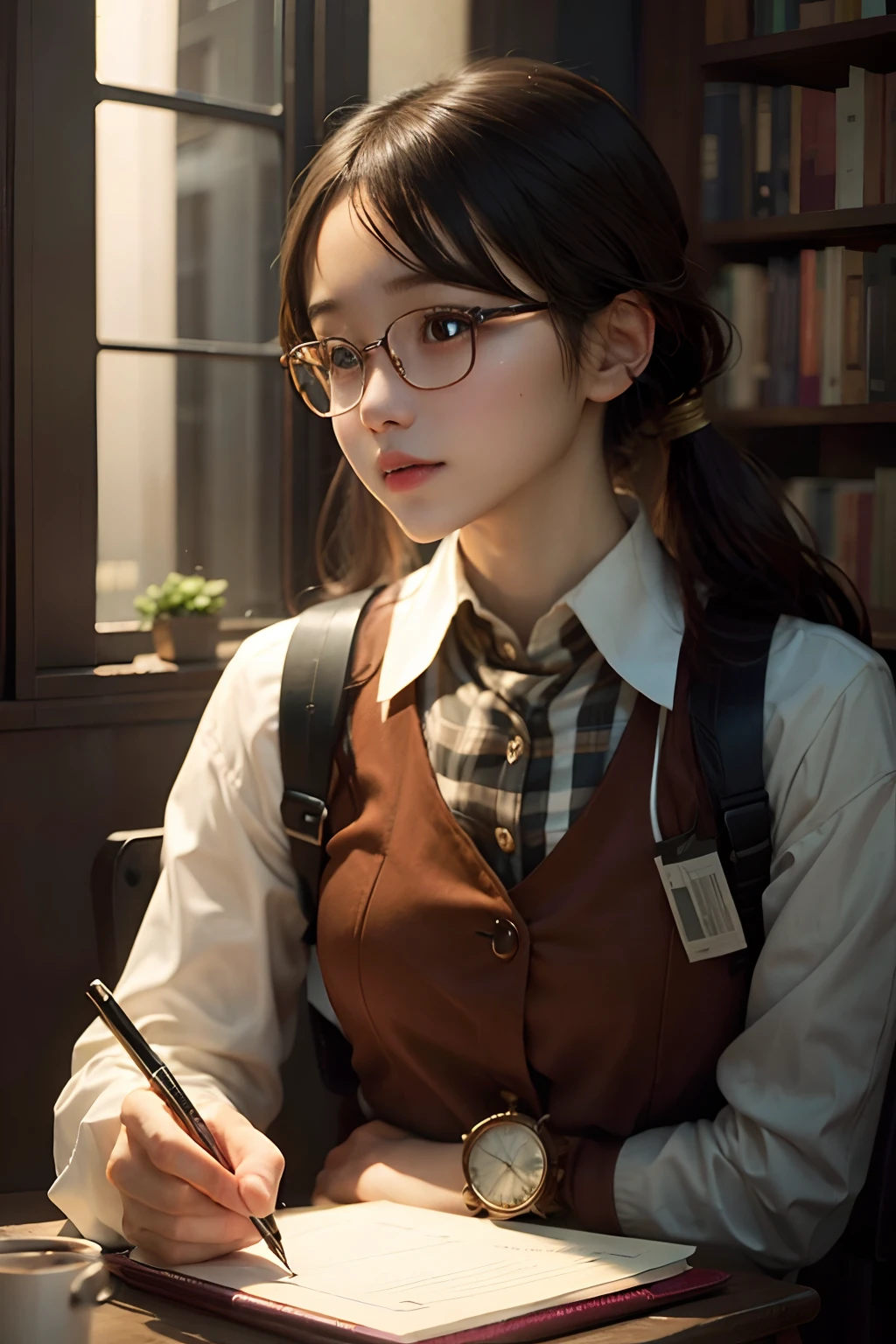 1girl, study, realistic