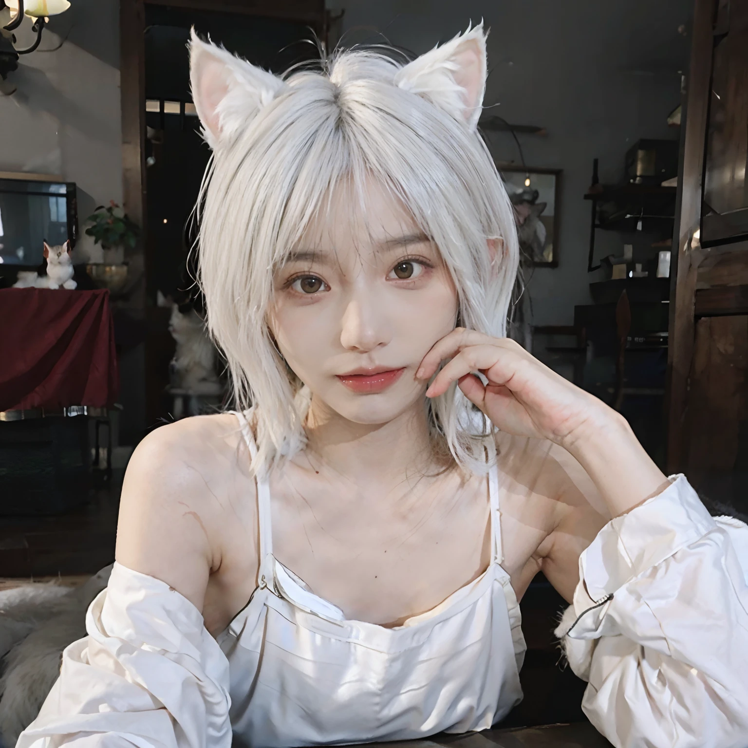 8K、(Sexy poses collection)、(((White hair color))) 、undersized head、Best Quality, masutepiece, 超A high resolution, (Realism: 1.4), Realistic Photos, (True skin texture: 1.3), (Film grain: 1.3), Beautiful eyes and face details, masutepiece, Best Quality, Full body、bob cuts、18year old、(((White cat ears grow)))