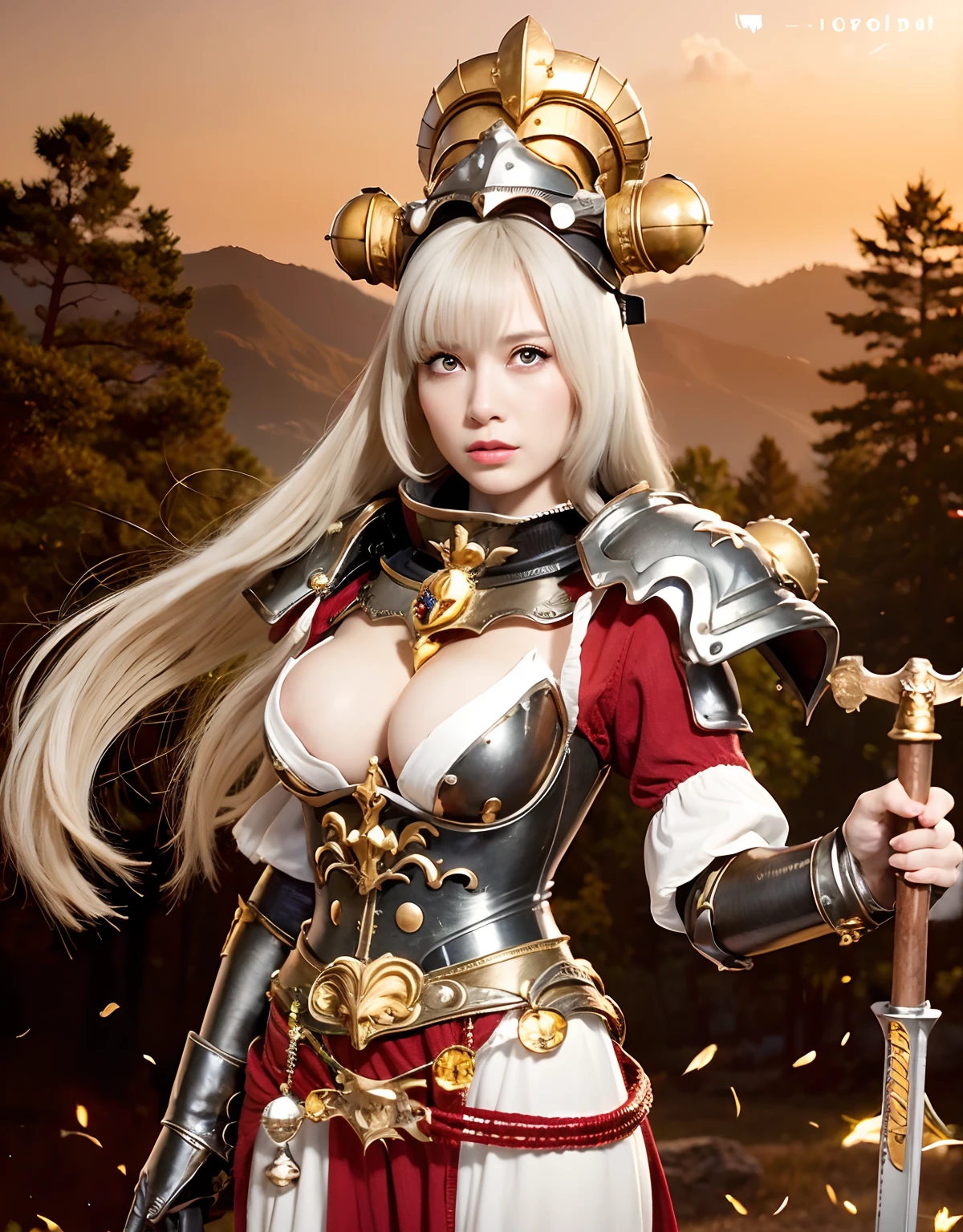 Professional , masterpiece、top-quality、photos realistic , depth of fields ,top-quality、masterpiece、超A high resolution、(Photorealsitic:1.4)、Raw photo、1a person、(Wind element),close-up,dream magical,tornado,Lightning,cleavage of the breast、Castle background,(Gemstone Gold Jewel Body:1.6),(Matte White、Jewel Gold Weapon_、(Silver Metal Body:1.4),Gorgeous Jewel Metal Weapons ,(( Detailed Sword of the Brave)) ,(Stand in front of the dragon)、(magic circles、Magic Chanting)、 Castle background ,warhammer 40k ,,Wear a gorgeous jewel helmet with attention to detail、Brown hair、((Gangle's forest background))、Beautiful Caucasian beauty、1a person、dynamic ungle,(((Legendary Armor Jewelry Helmet)))、Particles of light、cleavage of the breast、Battle Pose、Mystical expression、