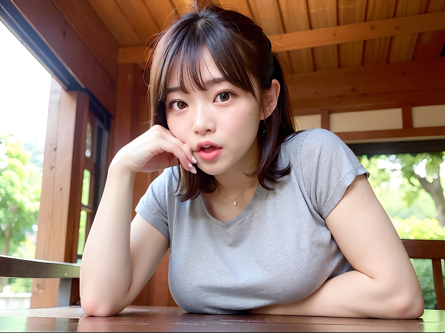 top-quality、超A high resolution、(Photorealsitic:1.4)、1人、(faded ash gray hair:1)、(huge-breasted:1.2)、looking at viewert、Lying Pose, Tatami mats、tshirts、Sanpaku eyes、Upper Eyes、Open Mouth and Tongue Sticking Out