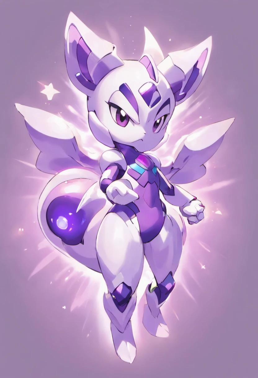 Mimic Mewtwo, mecha pearl-colored armor, round purple faceplate that shimmers, masterpiece, best quality
