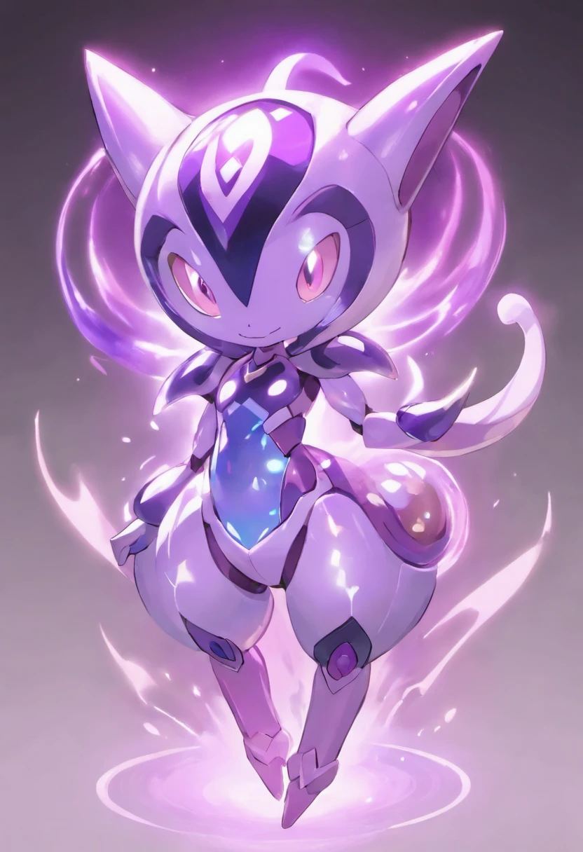 Mimic Mewtwo, mecha pearl-colored armor, round purple faceplate that shimmers, masterpiece, best quality