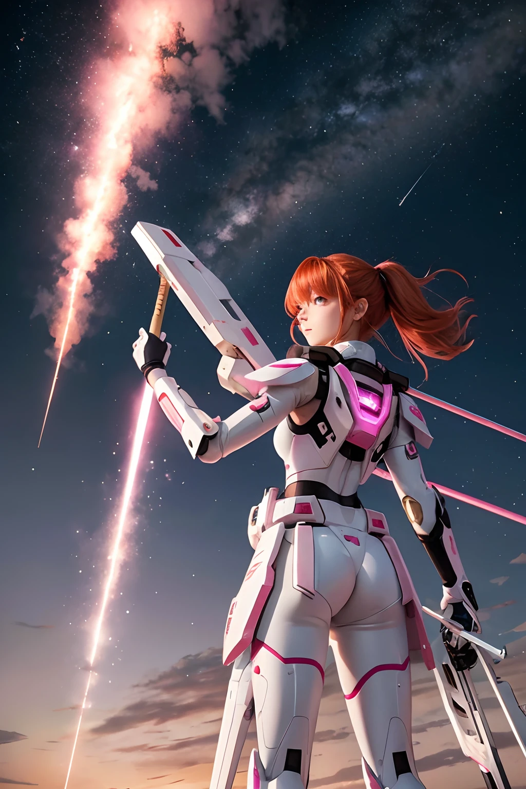 A white and pink mecha using a rod as a weapon flying through the atmosphere with a redheaded teenager standing on the shoulder