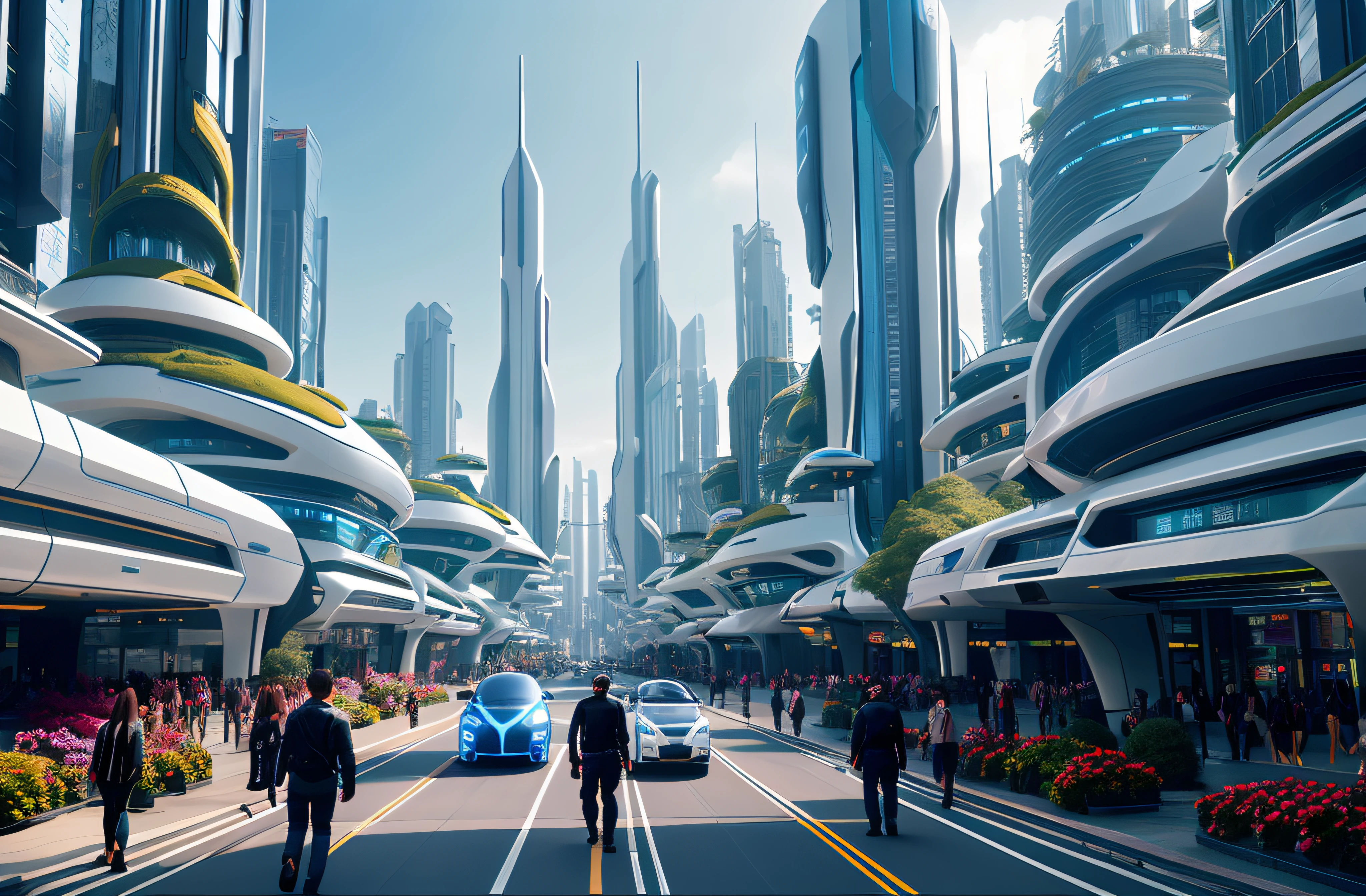 Future City，Sateen，In the daytime，buliding，Bustling city streets，Everywhere there are people walking and cycling。The streets are lined with high-rise buildings，Creates a futuristic atmosphere。Robots and the car of the future，Add hilarious scenes。