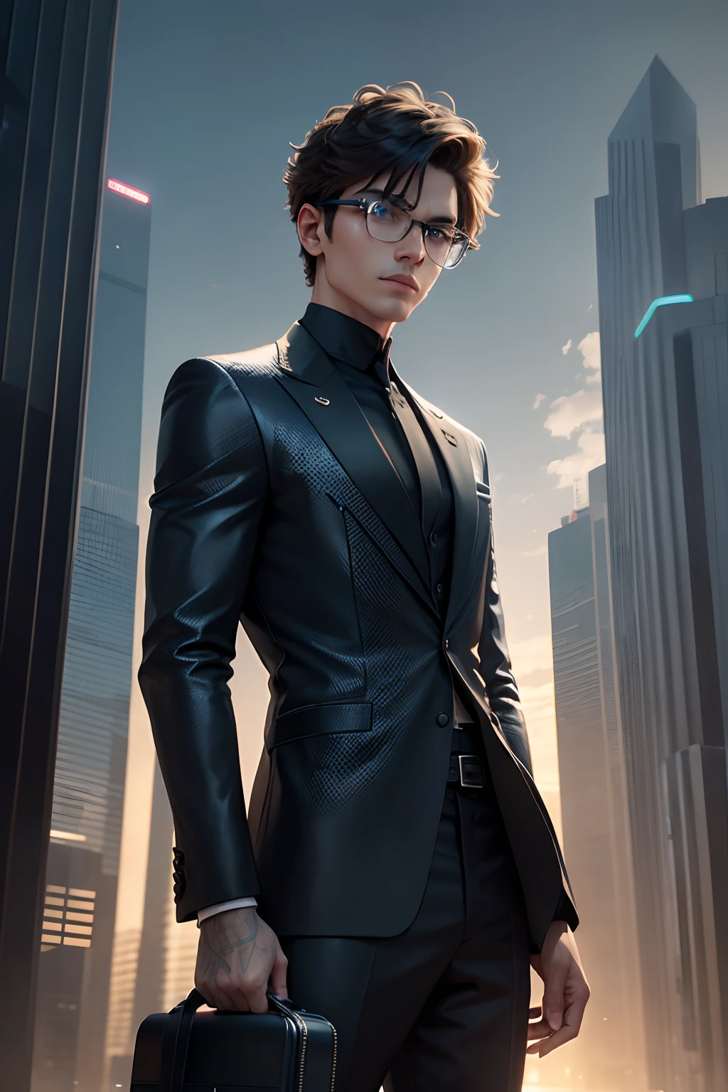 Understood., Based on the input provided, Create a visualization "Men's business fashion of the future" This translates to "Men's business fashion of the future."
**Image parameters of future men's business fashion**:
1. **shape (shape)**: Streamlined, Asymmetric cut.
2. **Color (Color)**: Gorgeous colors, Plata, Blues with neon accents.
3. **Textured (Texture)**: sleek, With hints of reflective material.
4. **Element placement (arrangement)**: Minimalist with strategically placed pockets and accessories.
5. **Writing (Lighting)**: Soft neon lights shine, Highlight the futuristic aspect.
6. **Background with (Background)**: City, skyscrapers and drones at sunset.
7. **constitute (Composition)**: Mid-shot of a man gently staring into the distance.
8. **time zone (Time of day)**: Twilight, Capture the city's sparkling lights.
9. **Emotions and atmosphere (emotive/ambiance)**: Full of kindness.
10. **Types of objects (Types of objects)**: Holographic Watch, Augmented reality glasses, Smart Shoes,Smart Bags.
11. **Scale (Scale)**: Life-size with city background showing grandeur.
12. **motion (motion)**: Dynamic Pose, Probably walk with purpose.
13. **styles (Style)**: Future.
14. **Focus of the gaze (focal)**: Holographic interface of a man's face and his surroundings.
15. **filters (Filter)**: Glamorous tones that accentuate the futuristic atmosphere.
16. **Camera Perspective (Camera Perspective)**: low angles, Capture the towering city.
17. **Patterns and patterns (Pattern)**: Geometric design of the outfit, Perhaps hexagonal or smooth lines.
18. **Facial expressions and poses (expression/Pose)**: kindly smile, advance.
19. **accent (accent)**: Neon Highlights, Especially about accessories.
20. **Physical properties (Physical properties)**: Fabrics that can be adjusted to body temperature and contours.
22. **architecture (architecture)**: Futuristic city, glass, And metal skyscrapers.
23. **season (season)**: spring, Heralding a new start or era.
24. **Contract degr
