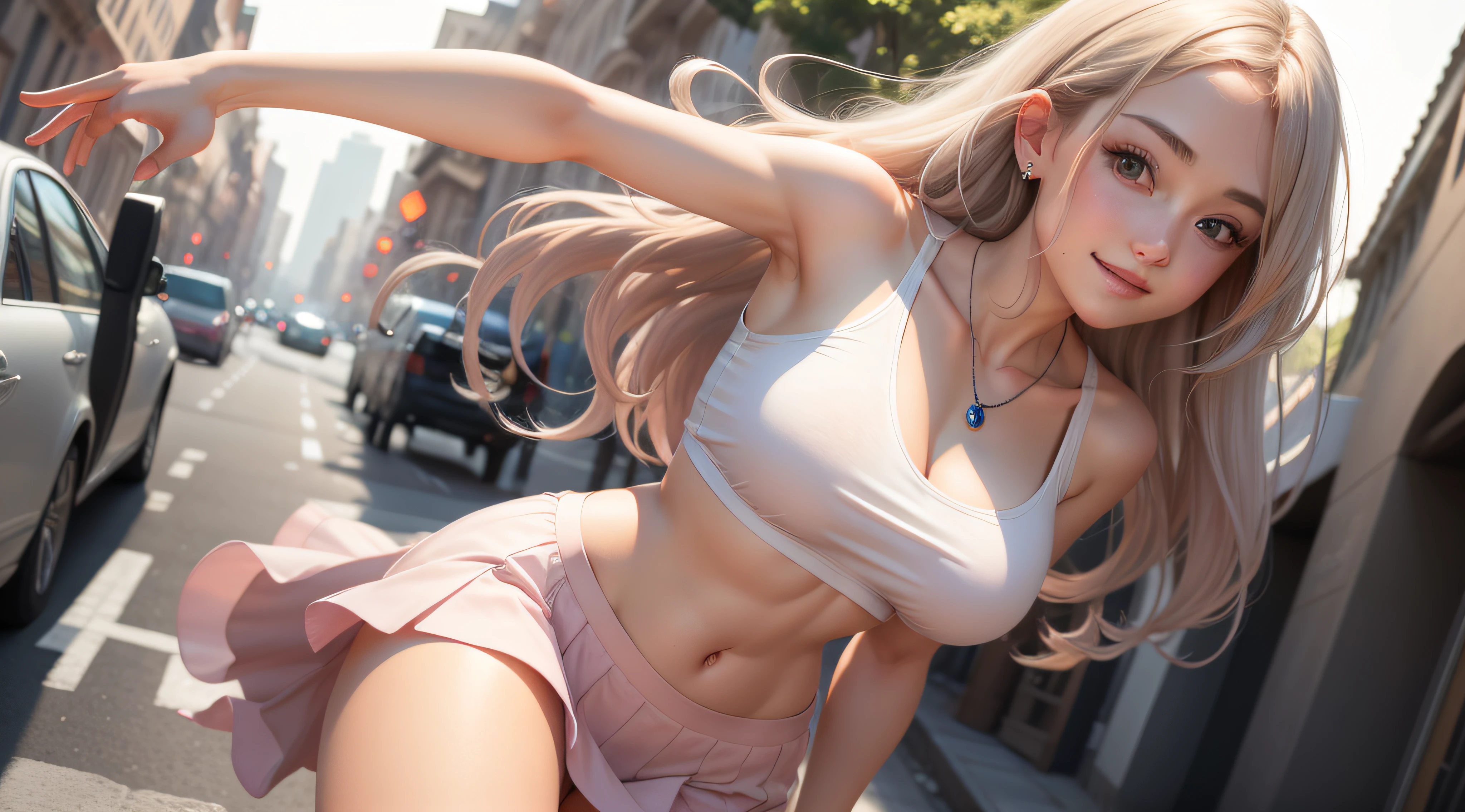 Best Quality, Ultra High Resolution, (Fidelity: 1.4), Hyper Realism, 1 Girl, Looking at Viewer, Smiling, Cute, Full Body, Street, Outdoors, Upper Body White Transparent T-Shirt, Pink Loose C Cup, The lower body is a beige short skirt with hips, supple skin, a cute and charming round face, very detailed, delicate clavicle, sapphire necklace, charming figure