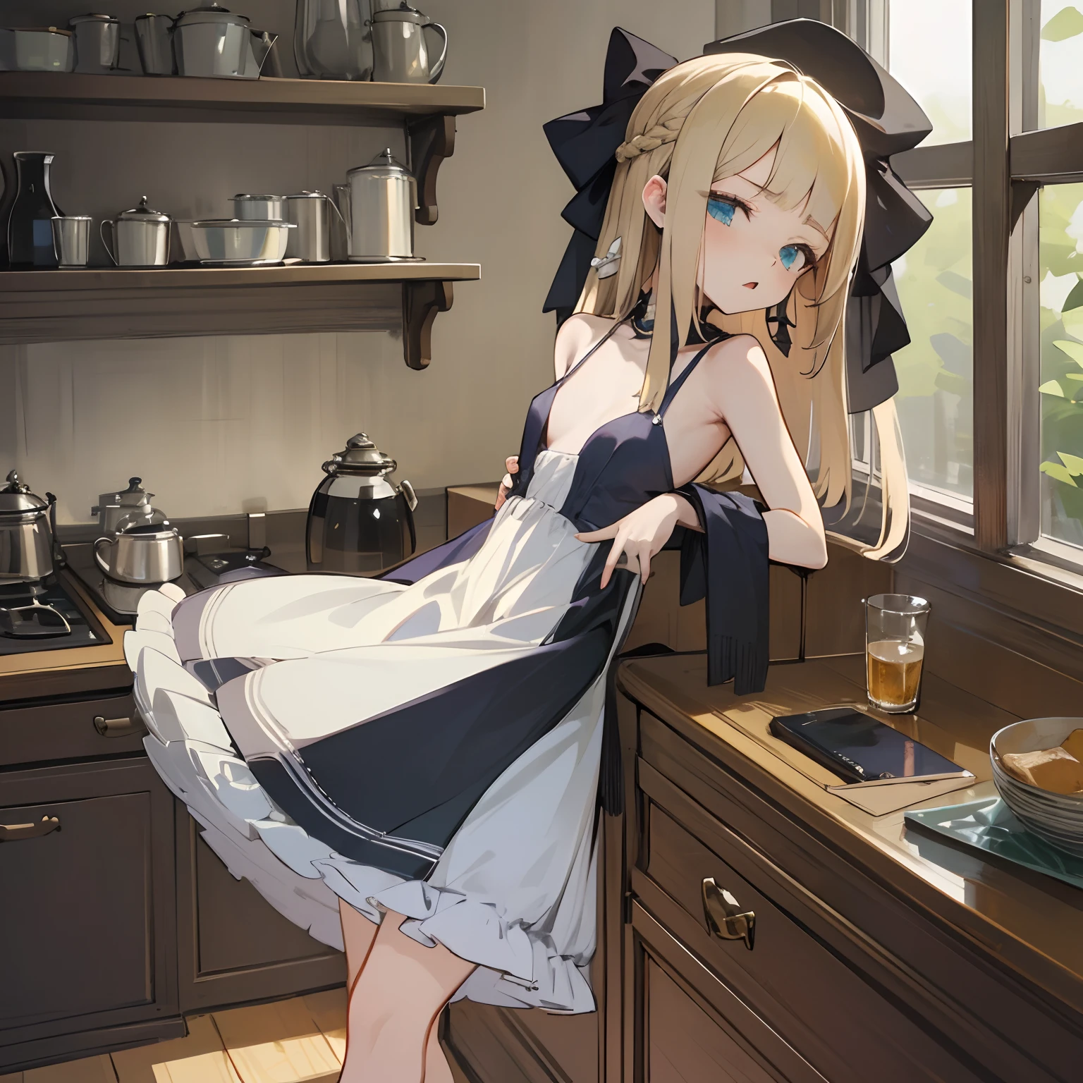 Reines, 1girl, high quality, best quality, illustration, masterpiece, (highly detailed:1.2), (extremely detailed:1.3), small breasts, bare shoulders, young girl, lolita, backless dress, string ribbon, shortpants, braid, petite, loli, in a house