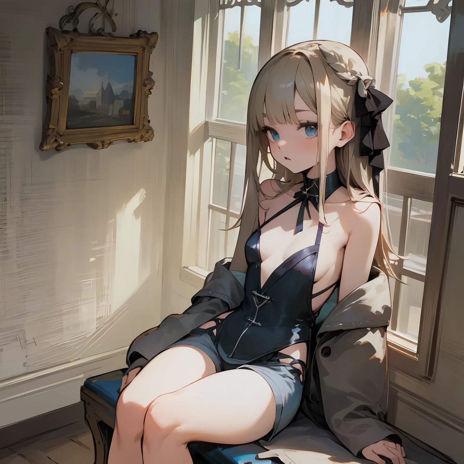 Reines, 1girl, high quality, best quality, illustration, masterpiece, (highly detailed:1.2), (extremely detailed:1.3), small breasts, bare shoulders, young girl, lolita, backless dress, string ribbon, shortpants, braid, petite, loli, in a house