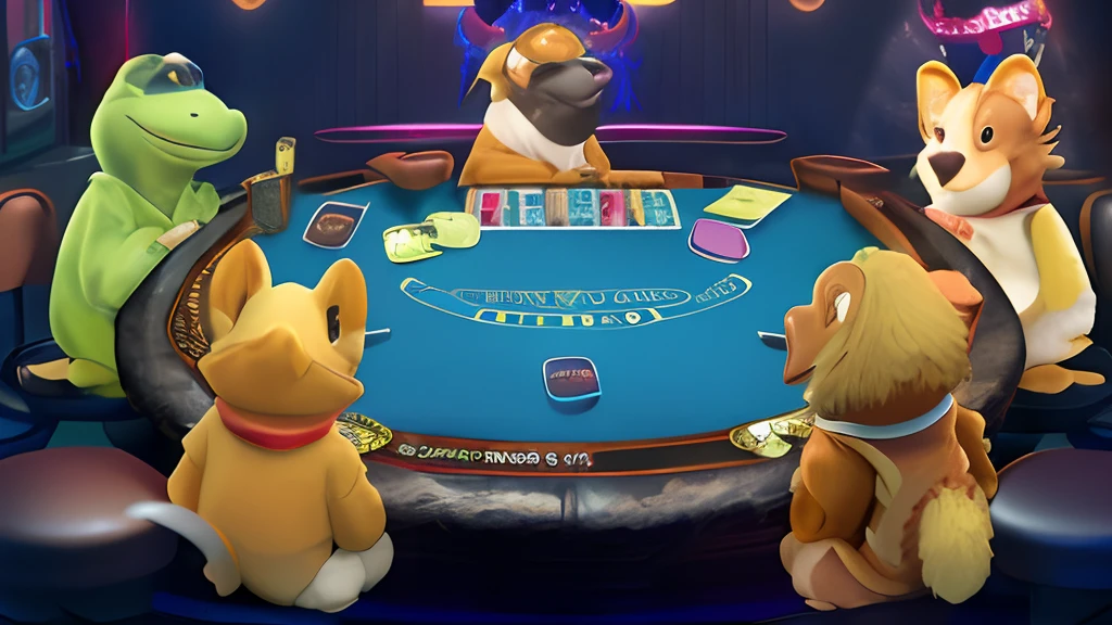 Anthropomorphic animals sit around a table playing cards,Simple,anthropomorphic turtle,casino,cartoonish style