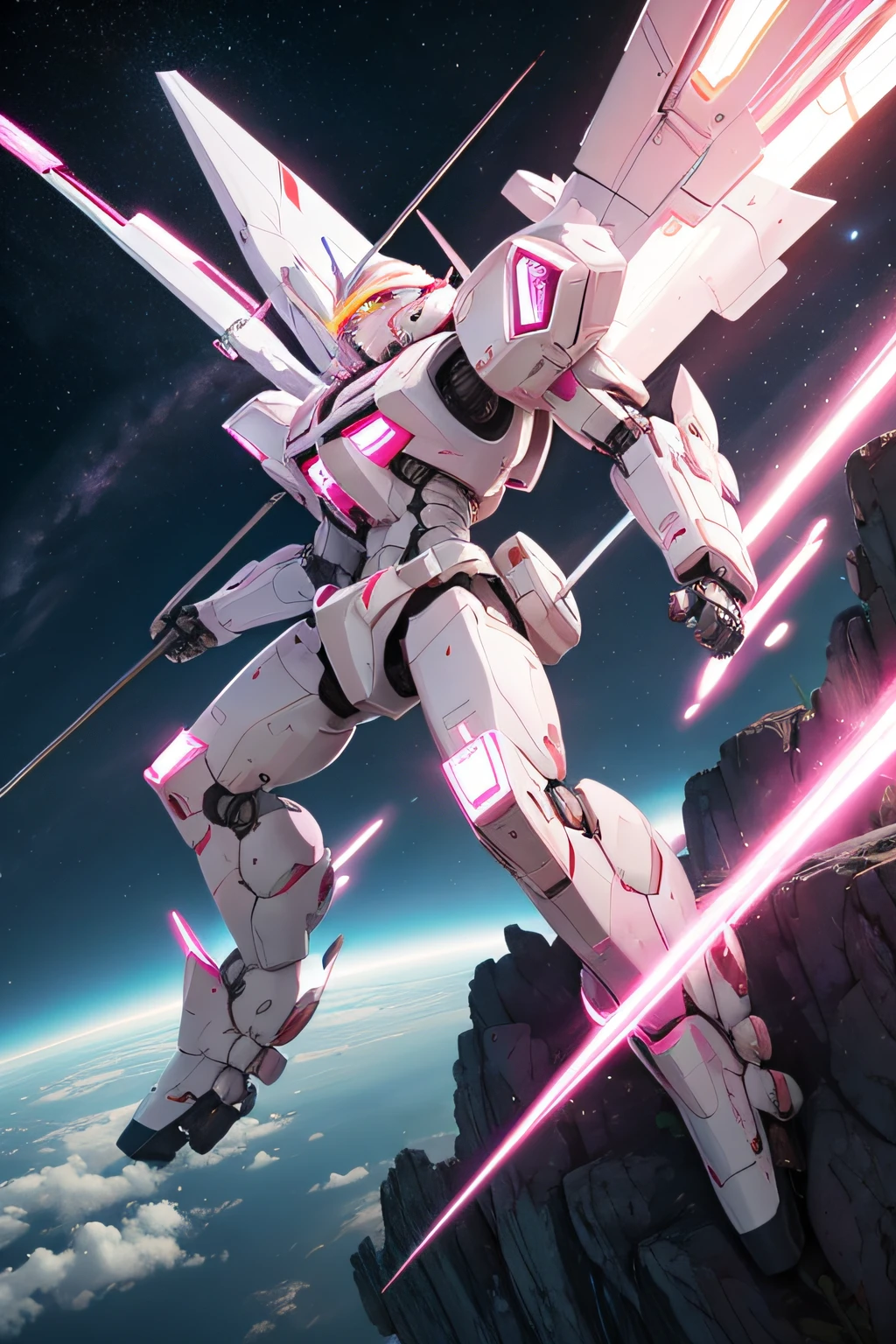 A white and pink mecha using a rod as a weapon flying through the atmosphere