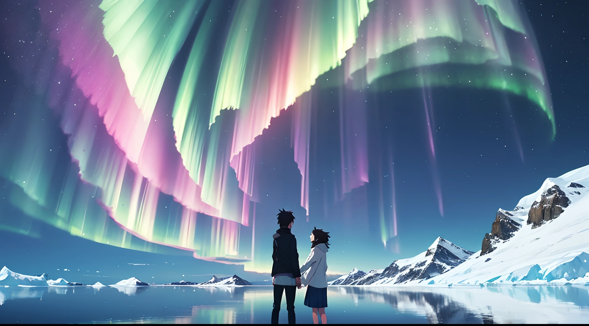 Makoto Shinkai Anime style art, A Rainbow Aurora in Antartica sky