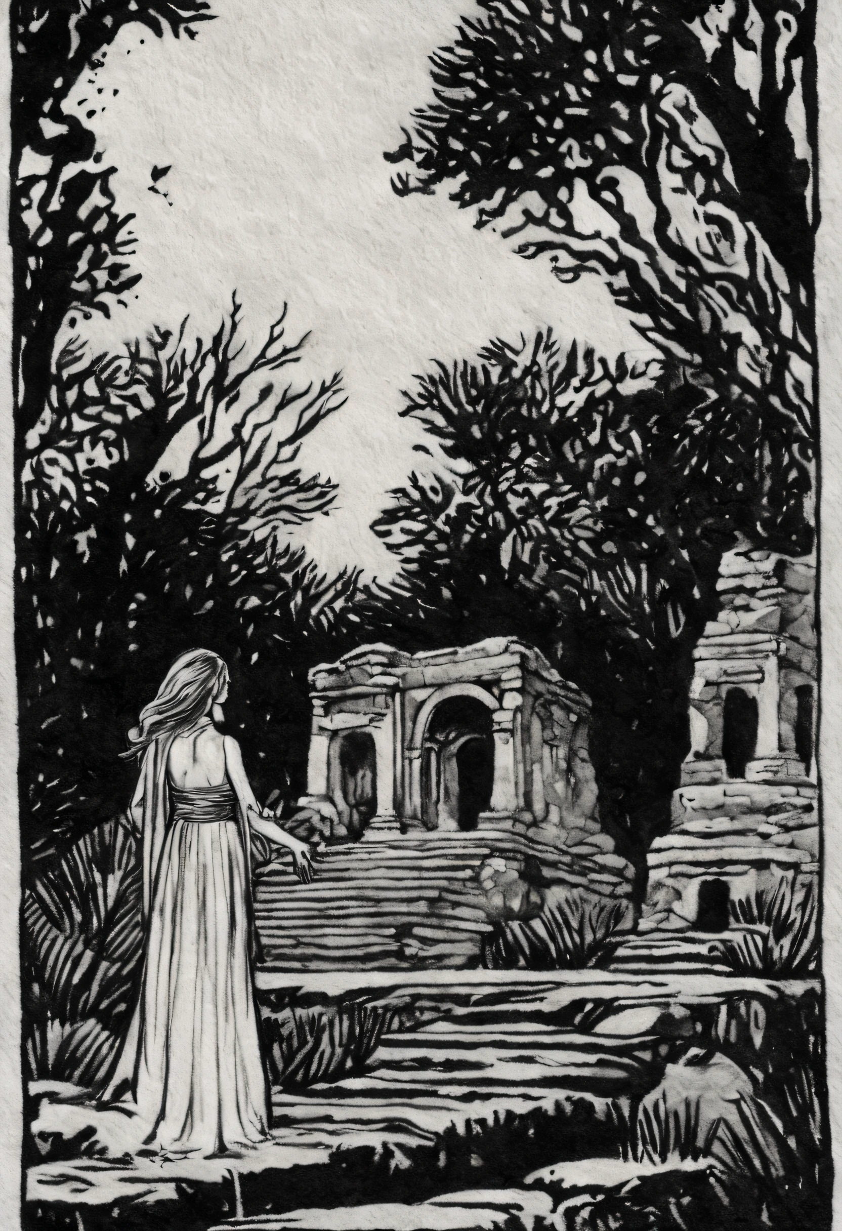 Inkdrawing a woman Adorned in an ethereal, floor-length gown with cascading layers of tulle and intricate floral embroidery Ancient ruins, moss-covered stones, lost civilization, mysterious history, jungle exploration