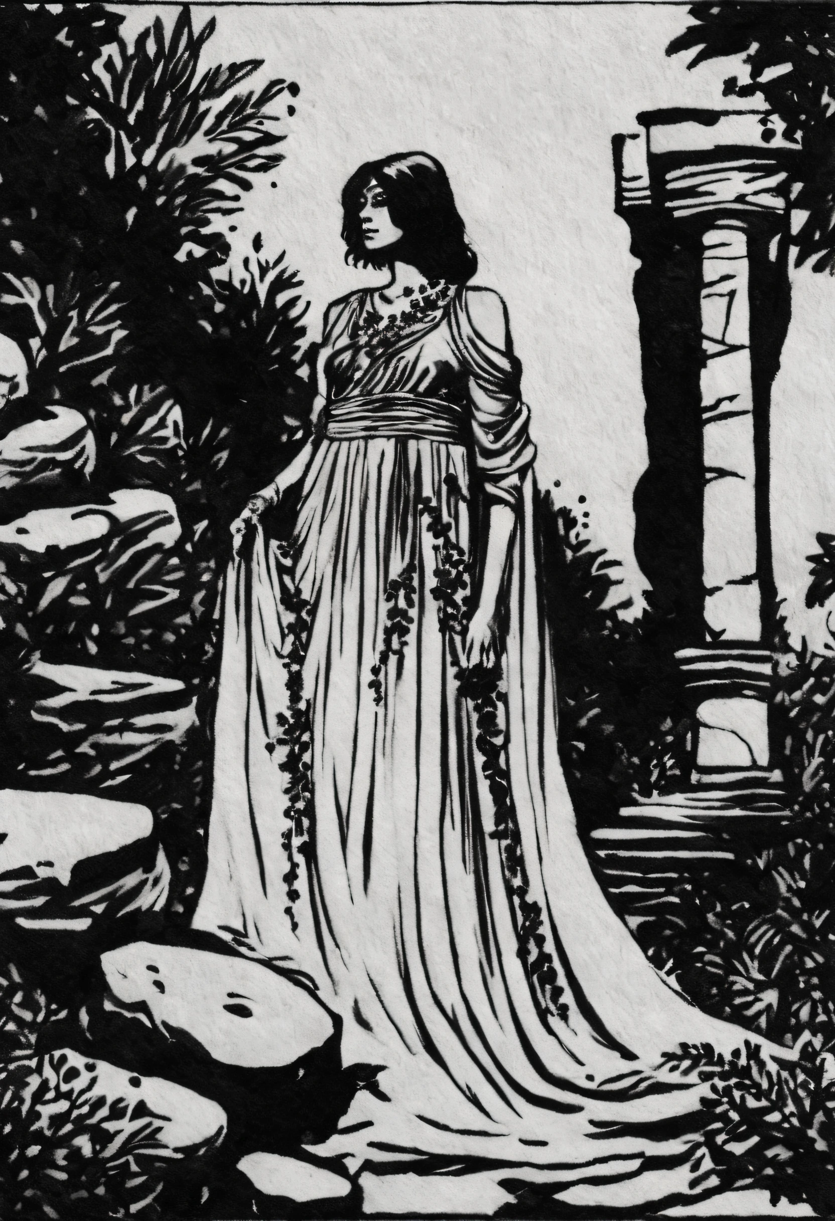 Inkdrawing a woman Adorned in an ethereal, floor-length gown with cascading layers of tulle and intricate floral embroidery Ancient ruins, moss-covered stones, lost civilization, mysterious history, jungle exploration