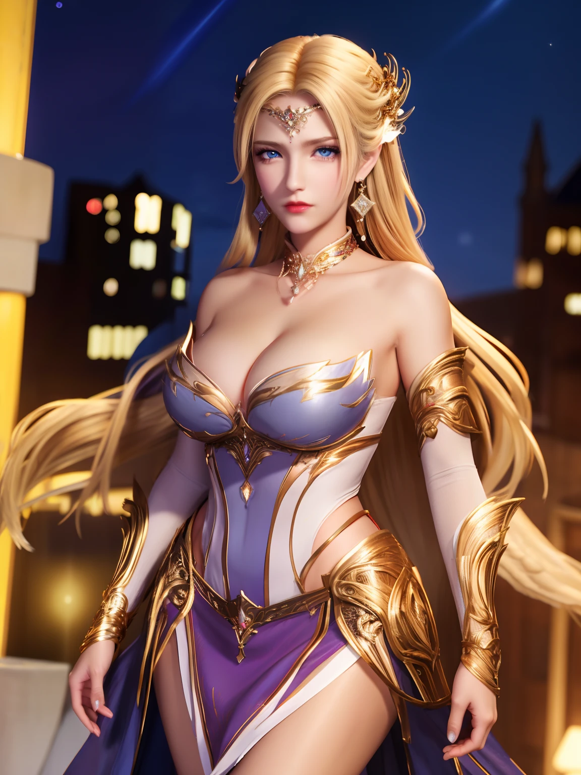 1girl,mature female,looking at viewer,cityscape,night,hair ornament,armor,bare shoulders,jewelry,earrings,cleavage,metal collar, forehead jewel, multicolored dress, cowboy shot, purple dress,blue eyes,white feathers, blonde hair,