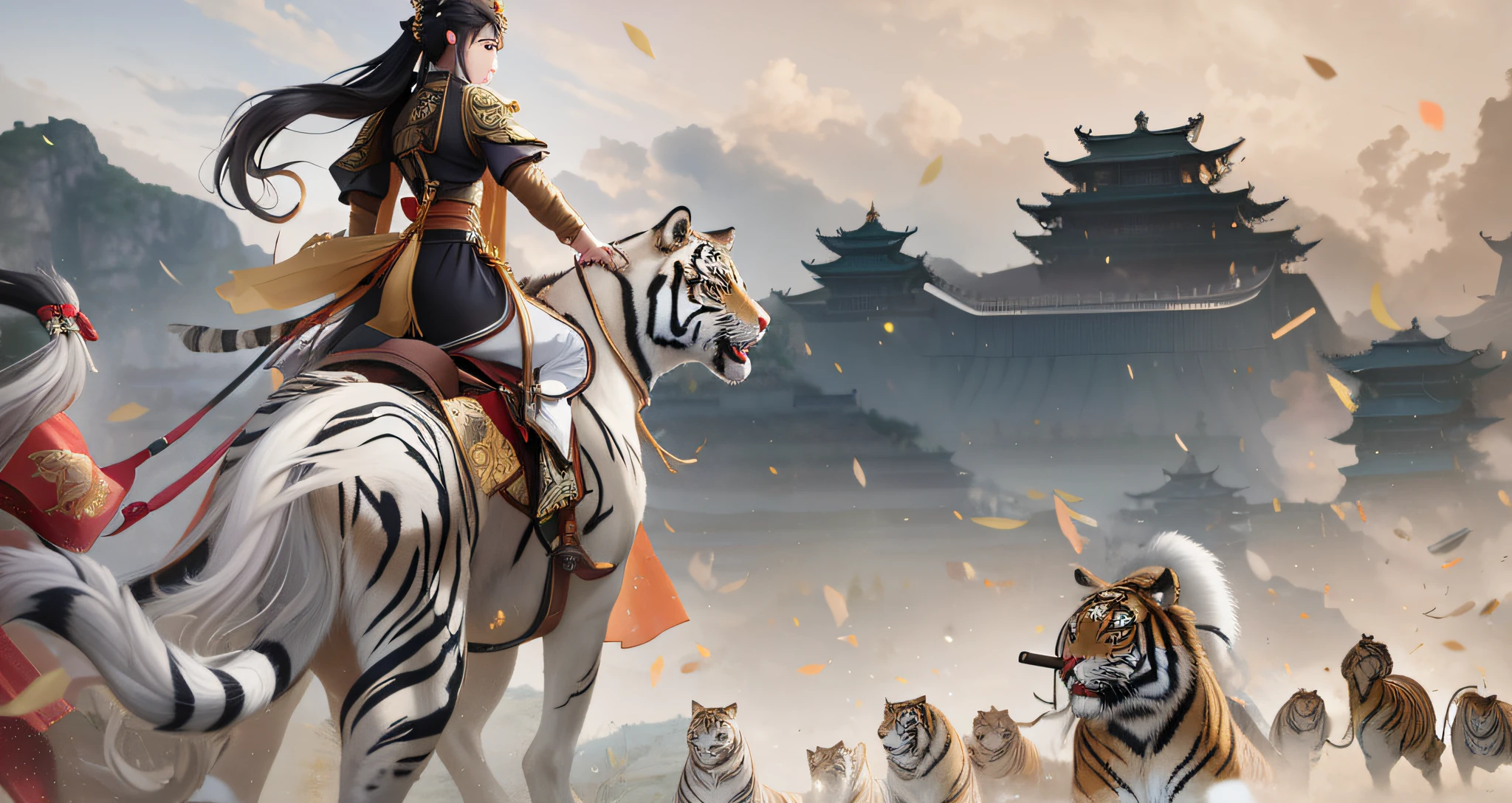 Anime drawing of a woman riding a horse and a tiger, by Yang J, sitting on tiger cavalry, Inspired by Fenghua Zhong, cgsociety and fenghua zhong, author:Wu Zhun Shi Fan, author:Qu Leilei, G Liulian art style, author:Wang Yi, 2. 5 D CGI anime fantasy artwork, By Li Song