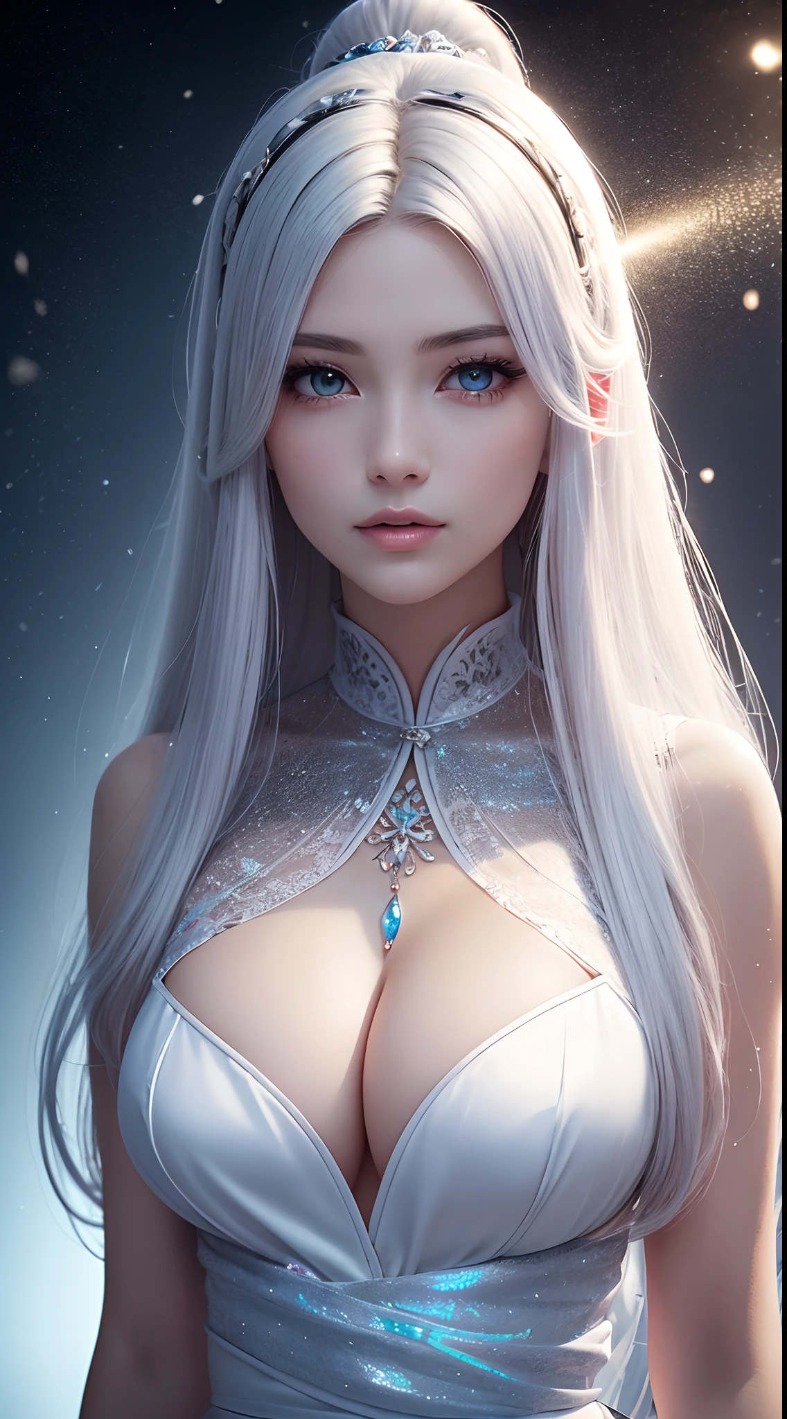 Xianxia, Ultra detailed beautiful woman, voluminous breasts, of a 25-year-old woman, Stunningly beautiful, snow-white hair, straight hairstyle, cold-blue eyes, Her entire head is visible with hair, very long eyelashes, white blue dress, Stunningly beautiful face, Focus on the face, holographic, light particles, ultra detailed illustration, hit definition, Very bold and bright colors, 32K resolution, Best Quality, voluminous lighting, "beste-Qualit", "tmasterpiece",, ultra realistis, High-quality detailing