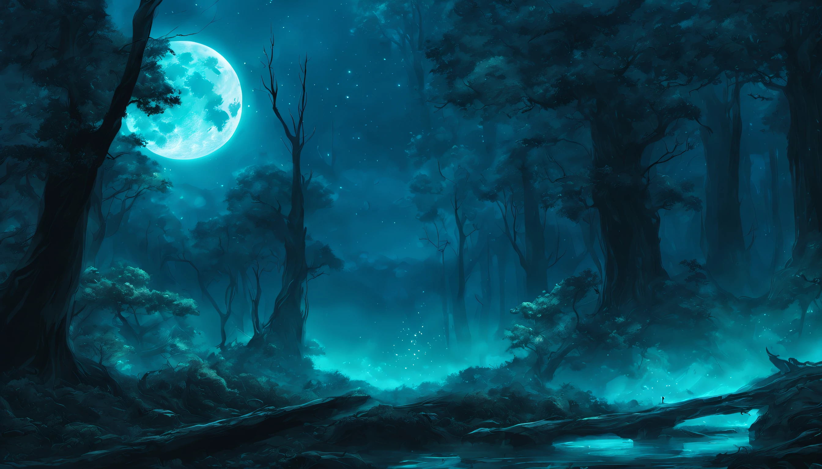 background nature, forest dark magical, moon cyan, concept art fantasy, splash art, best quality, detailed. Dynamic lighting, Digital Art, Energetic, Intense, Dynamic Lighting, Fantasy, Illumination concept art.