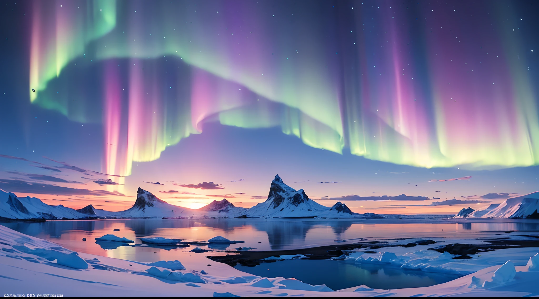 Makoto Shinkai Anime style art, A Rainbow Aurora in Antartica sky
