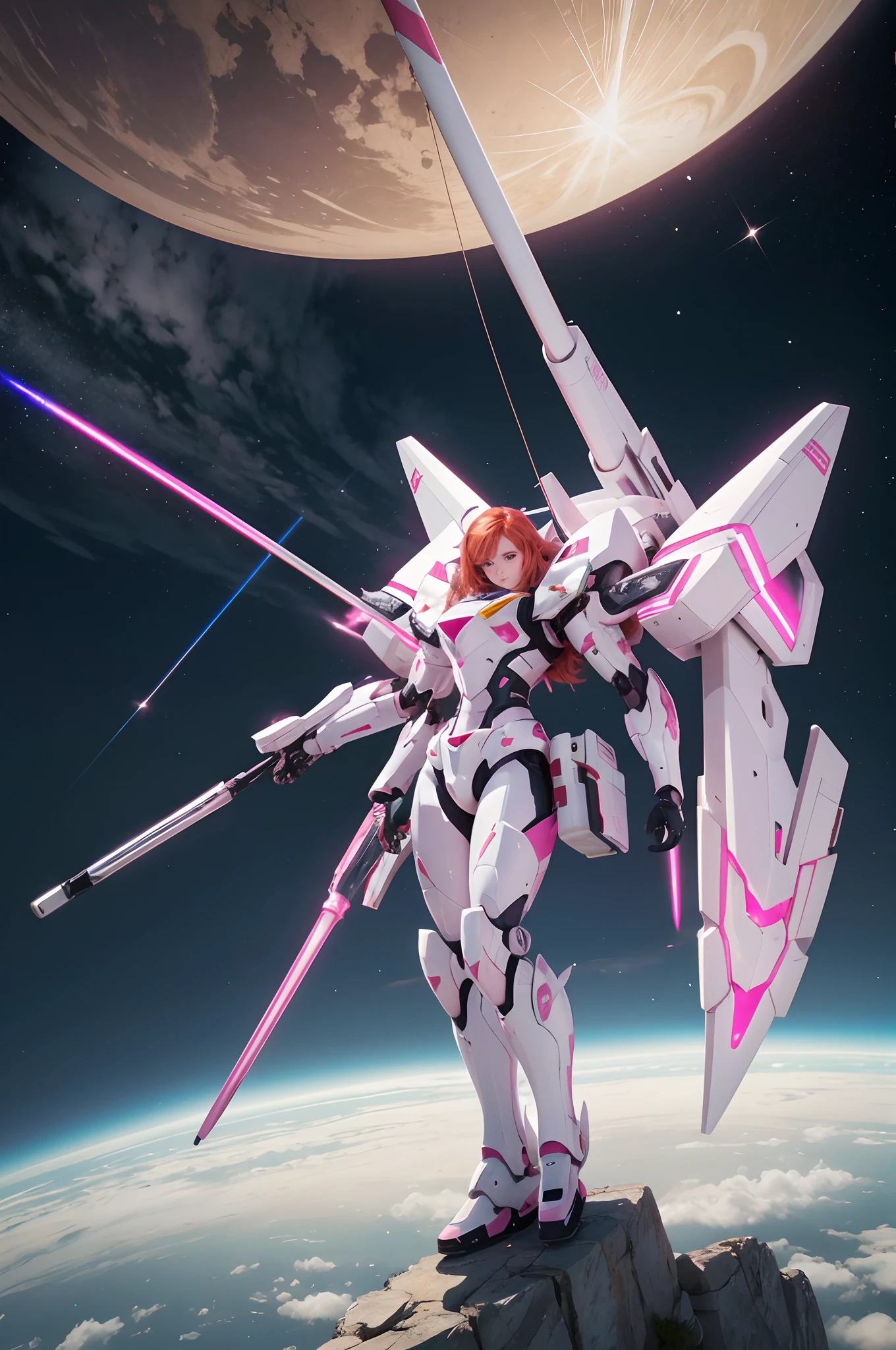 A white and pink mecha using a rod as a weapon flying through the atmosphere with a redheaded teenager standing on the shoulder