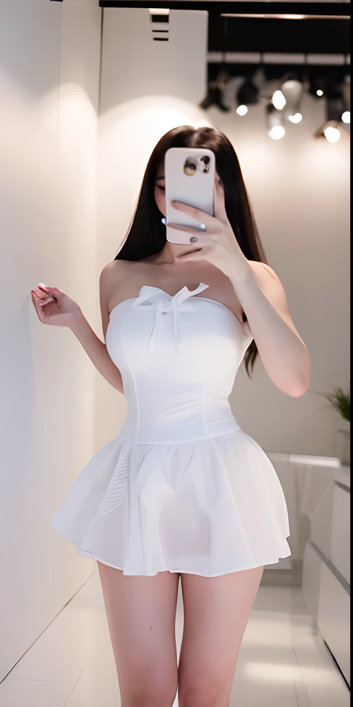 There was a woman taking a selfie wearing a white dress, Bandeau Dress, Strapless dress, opened dress, White dress, is wearing dress, height of 165cm, bowknot, pretty white dress, light half opened dress, wears a white dress, dress, elegant corset, trendy dress, Luxury dress