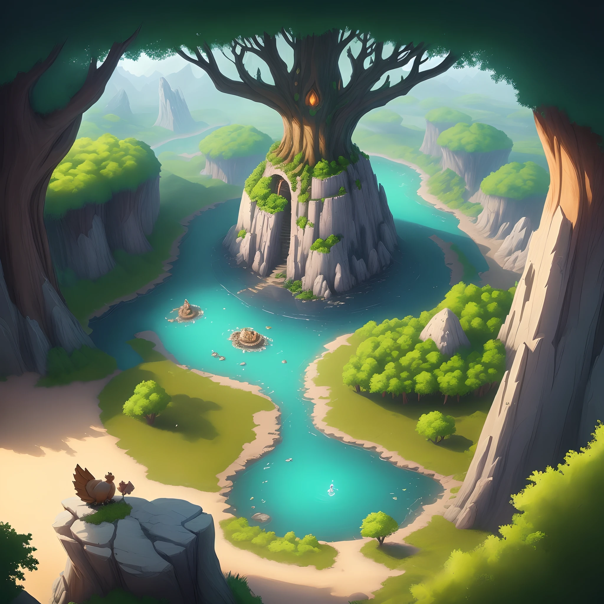 Draw part of the fantastic landscape in axonometric view from above, inspired by DOFUS' visual style. Imagine a magical world where you only see a portion of the stage, for example, a small forest surrounded by majestic mountains. Be sure to include details such as shimmering rivers, Mysterious trees and fantastical creatures inside this restricted area. The style should be cartoony with bright colors and original characters. The goal is to create a visually captivating environment for a fantasy video game, maintaining the axonometric perspective from above.
