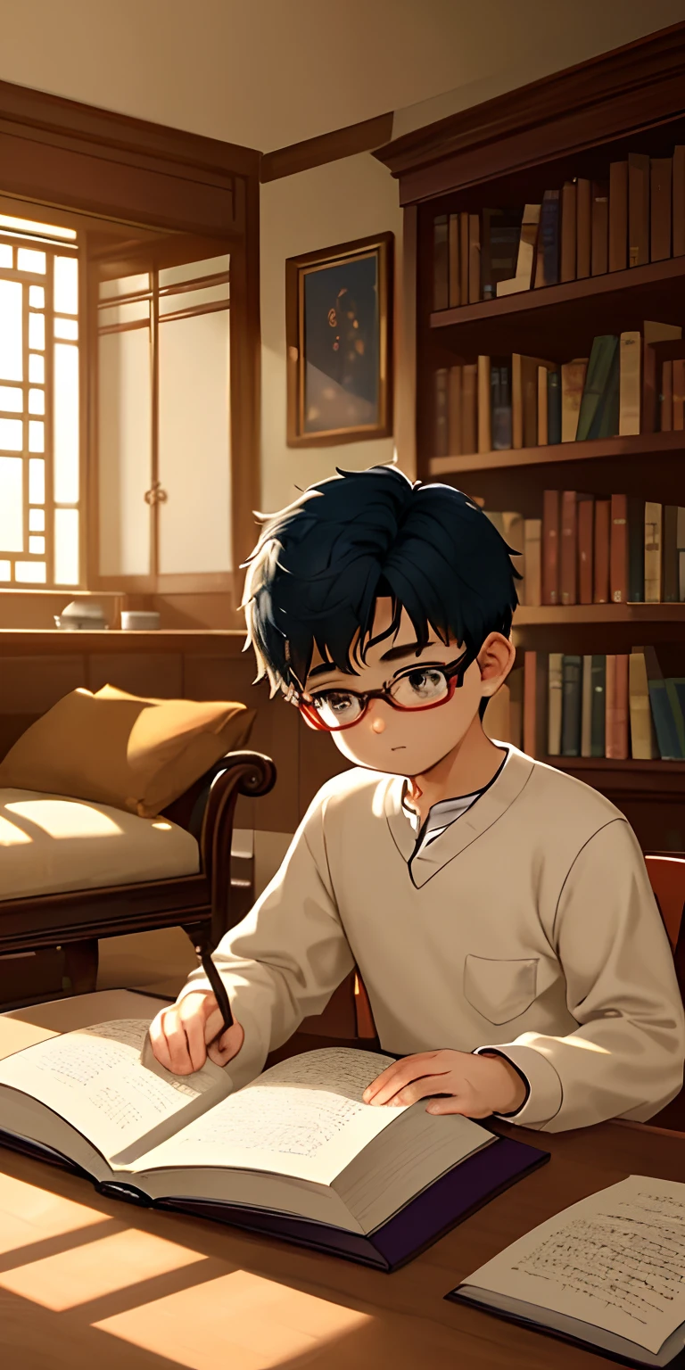 A handsome Asian boy,looking intellectual and wearing stylish glasses,[beautiful, detailed eyes],[handsome,nicely groomed face],[stylish haircut],lying on a luxurious and comfortable bed,wrapped in a cozy blanket. The room is filled with warm sunlight. The walls are adorned with tasteful artwork,and a bookshelf filled with books is seen in the background. The young boy is engrossed in reading a book,his focused gaze captured by the pages. The book is filled with fascinating stories and knowledge,transporting him to a world of imagination and wonder. The scene is peaceful and serene,creating a sense of calmness and tranquility. The atmosphere is enhanced with soft,subtle lighting that highlights the boy's features and adds depth to the composition. The colors are warm and inviting,creating a comforting ambiance. The image is of the highest quality,with ultra-detailed textures and realistic rendering. The artwork depicts the essence of intellectual curiosity and the joy of reading.