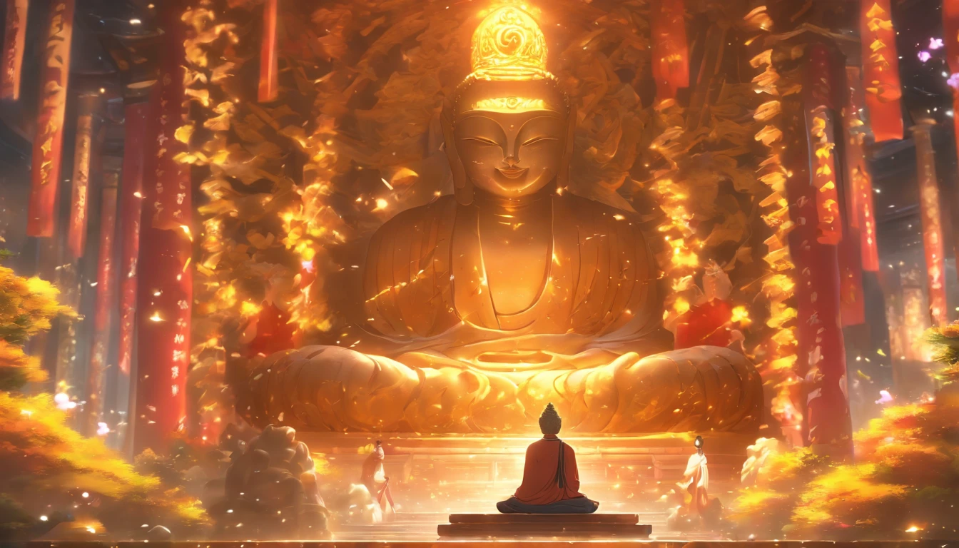 ，​masterpiece, Best Quality，8K, 超A high resolution，In a quiet stupa，Weak morning light reflection。A huge Buddha statue towering in the center of the hall，It comes to life，Every detail is meticulously carved by the artist。The Buddha image sits solemnly in the lotus position，An atmosphere of holiness permeates them。rays of sunshine, Enter through the upper window, casting mottled lights and shadows，The entire hall is quietly lit up。

Buddha statue is Rin々Right，Unique details、Looks realistic and dynamic。Buddha's eyes shone brightly，It seems that, To see through the difficulties of the world。The intricate hand carving reveals the texture of the fingertips and the calm posture.，Exudes a feeling of isolated meditation。The golden robe shimmered softly in the light，That was it, As if it were the splendor of heaven。

A group of devout believers gathered around the temple，They were in awe, Worship Buddha statues，Kneel on the floor and ponder the scriptures.。Her figure is enveloped in a warm glow，Contours are clearly visible。The walls of the hall are covered with colorful prayer flags，Breeze in the breeze，It gives the whole room a mysterious and magnificent atmosphere。