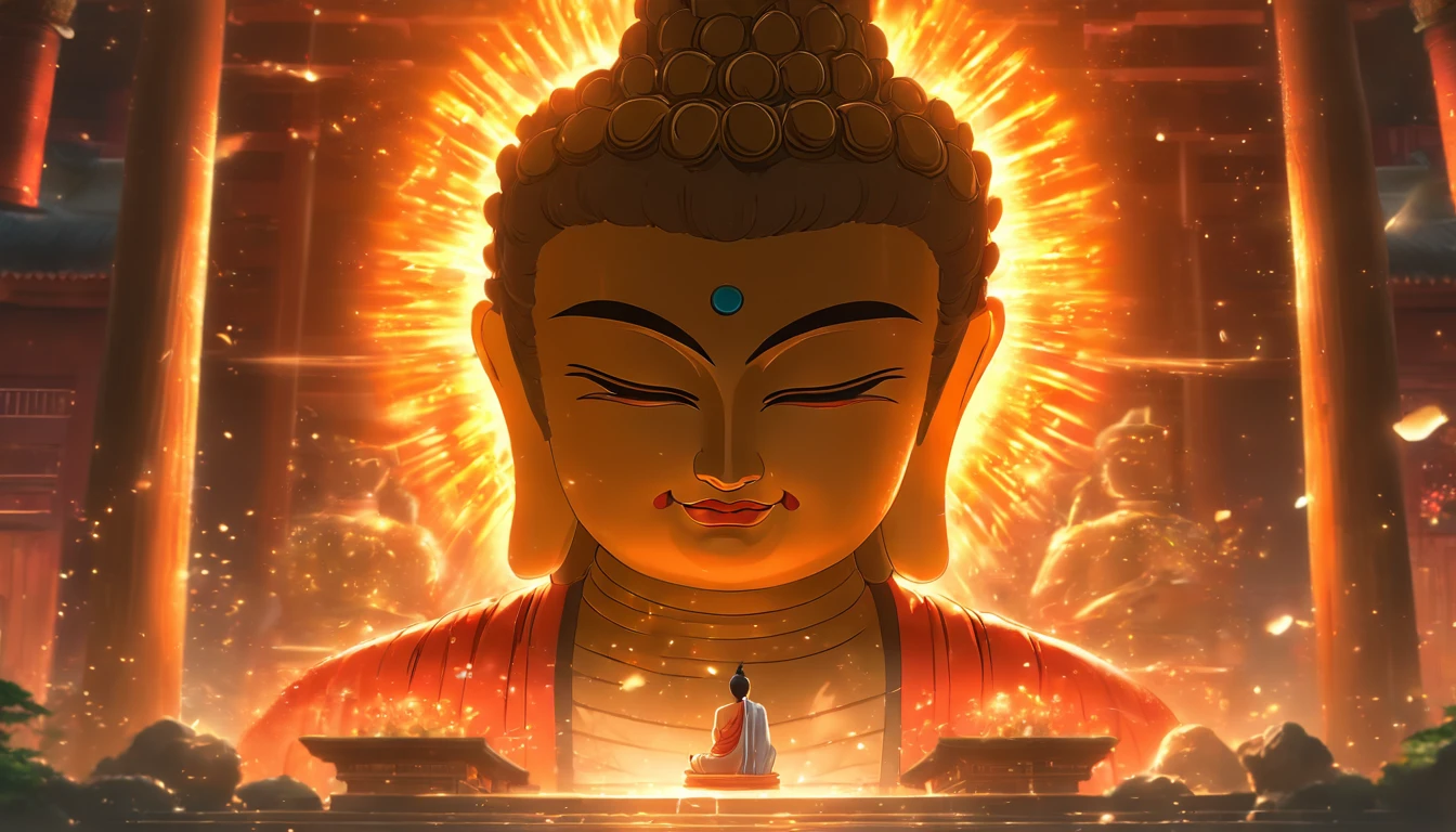 (best quality,masterpiece, intricate,ultra-detailed,realistic,RAW photo,8k uhd,ultra high res,photorealistic style,cinematic scenes, sharp focus,dramatic lighting,extremely detailed CG unity wallpaper) ,a small and a large Buddha statue in the temple,