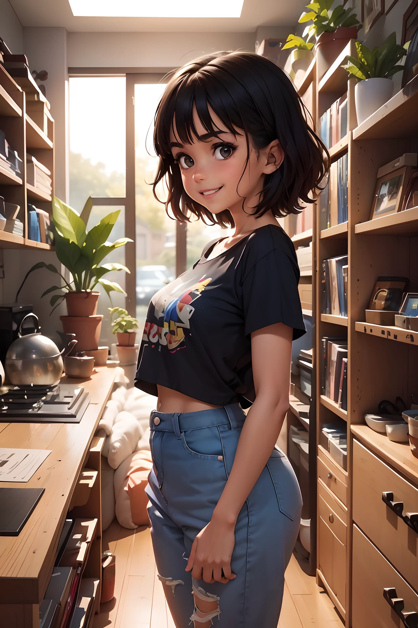 Best quality, 1girll, ((view the viewer)), Dark blue hair, Black eyes, Very short hair, pointy hair, flatchest，ahoge, T-shirt, high waisted jeans, Messy hair, hair between eye, Dark skin, Tomboyish, Adult, 20 years old, 1girll, Solo, sole, grin, shelves, dvd, Books, Video games, Computer, cdx, vinyl records, VHS tape,