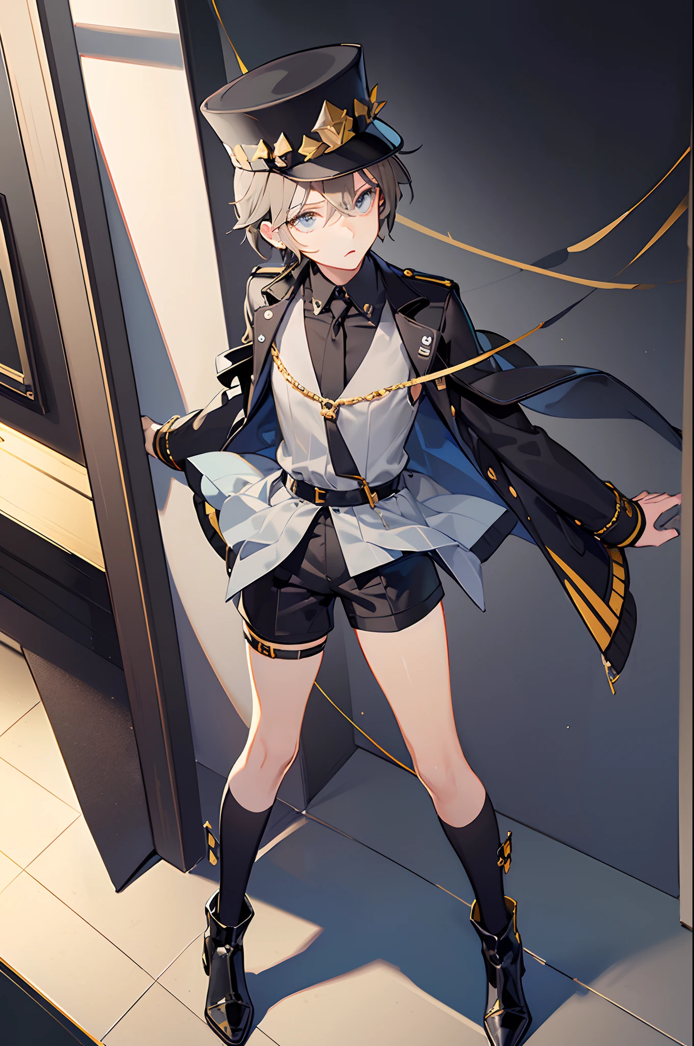 a nonbinary person, very short grey-brown hair, light blue-grey eyes, wearing dark grey shorts, wearing long black jacket, gold accents, wearing police hat, necklace made of 5 gold keys, 1 other, serious expression, short, short sleeved black top, black ankle boots, dark grey shin height socks, ((es milgram))