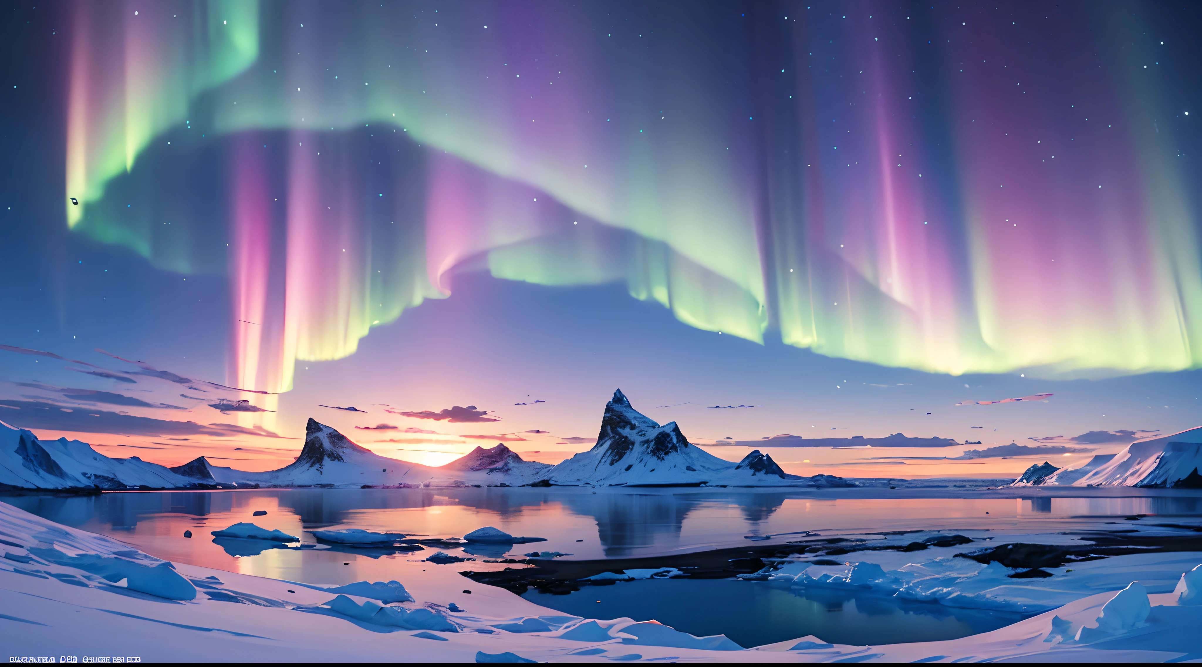 Makoto Shinkai Anime style art, A Rainbow Aurora in Antartica sky
