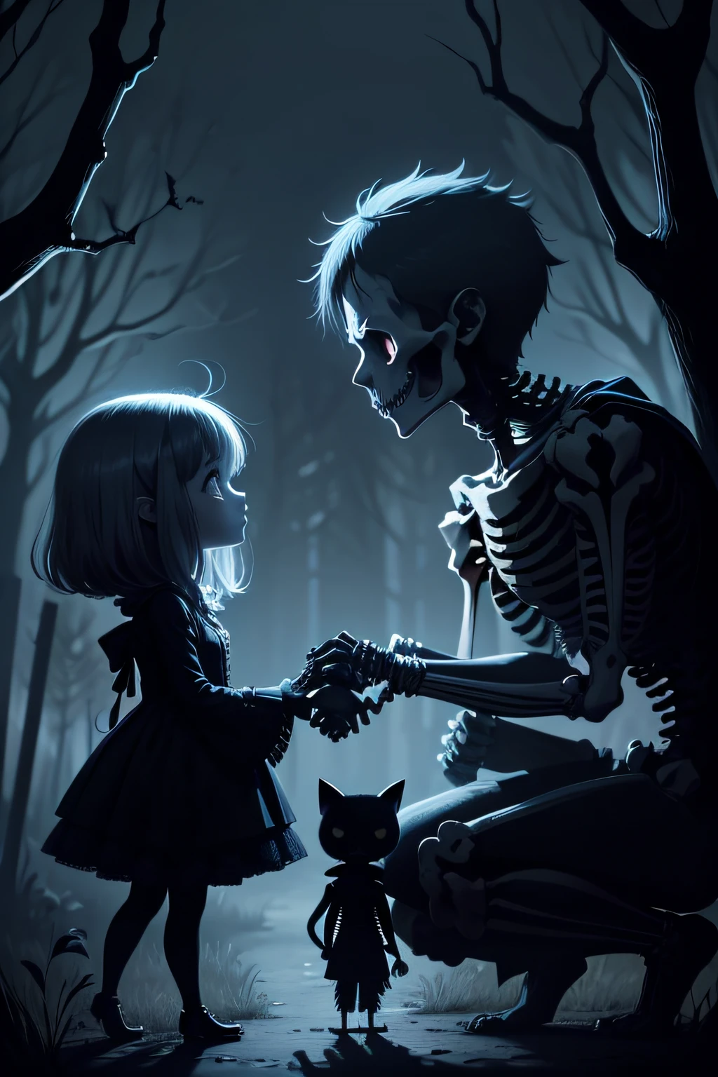 chibi skeleton guy and girl holding hands and petting a black kitten, Dark background, night time, bats,  creepy trees