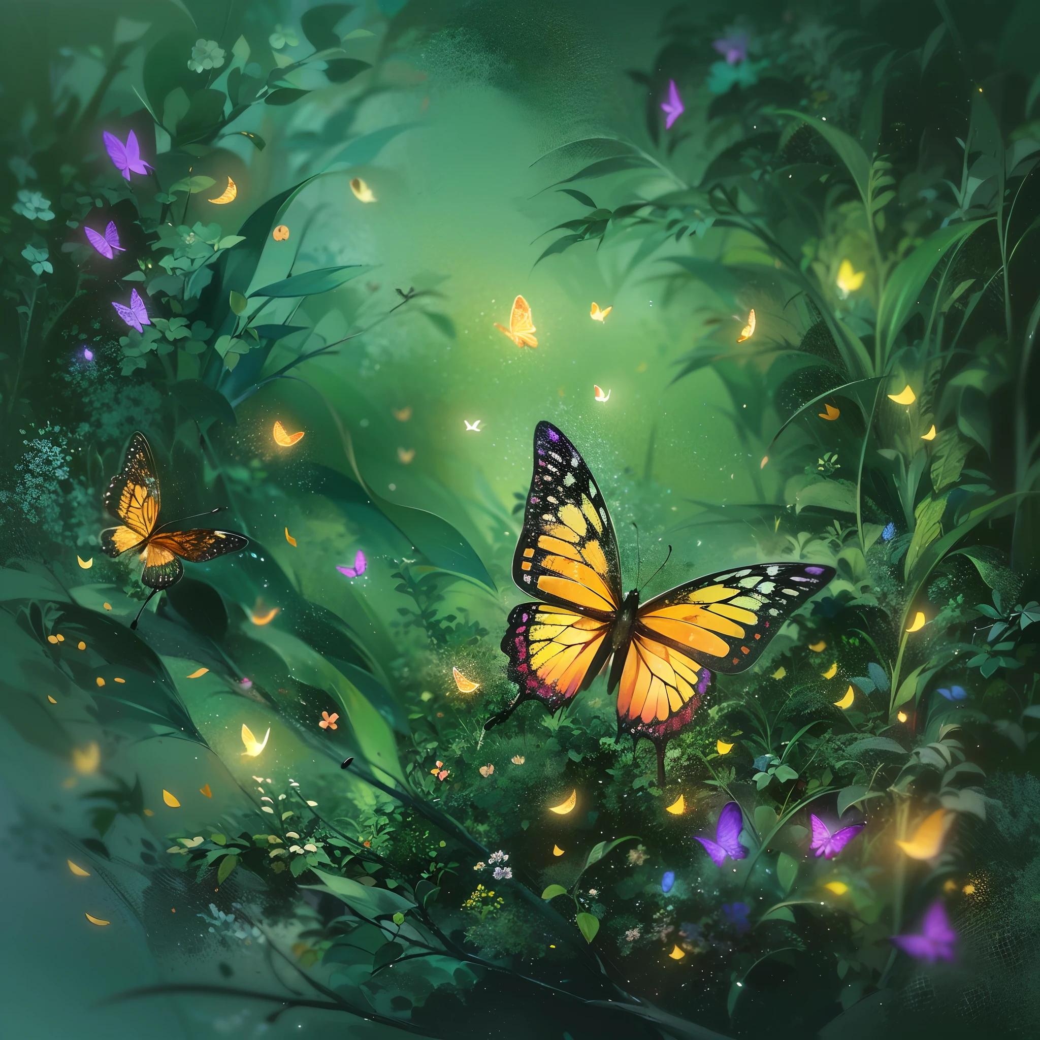 Abstract painting,ln the forest,moonlit background,Fireflies surround a butterfly,Center composition,Butterflies are the focal point,super wide shot,超高分辨率,The background is blurred out,Light and shadow interlace,Firefly round composition