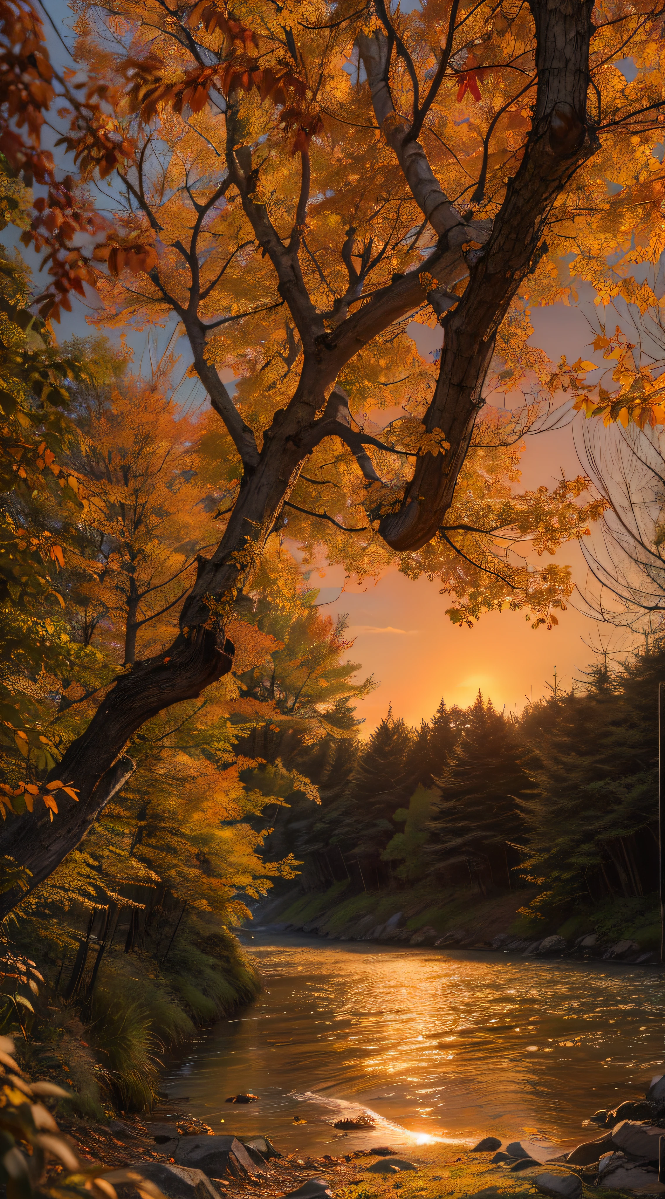 Maple forest, Maple leaves fall, Sunset, River, Masterpiece, Super detailed, Light and darkness with Canon photography
