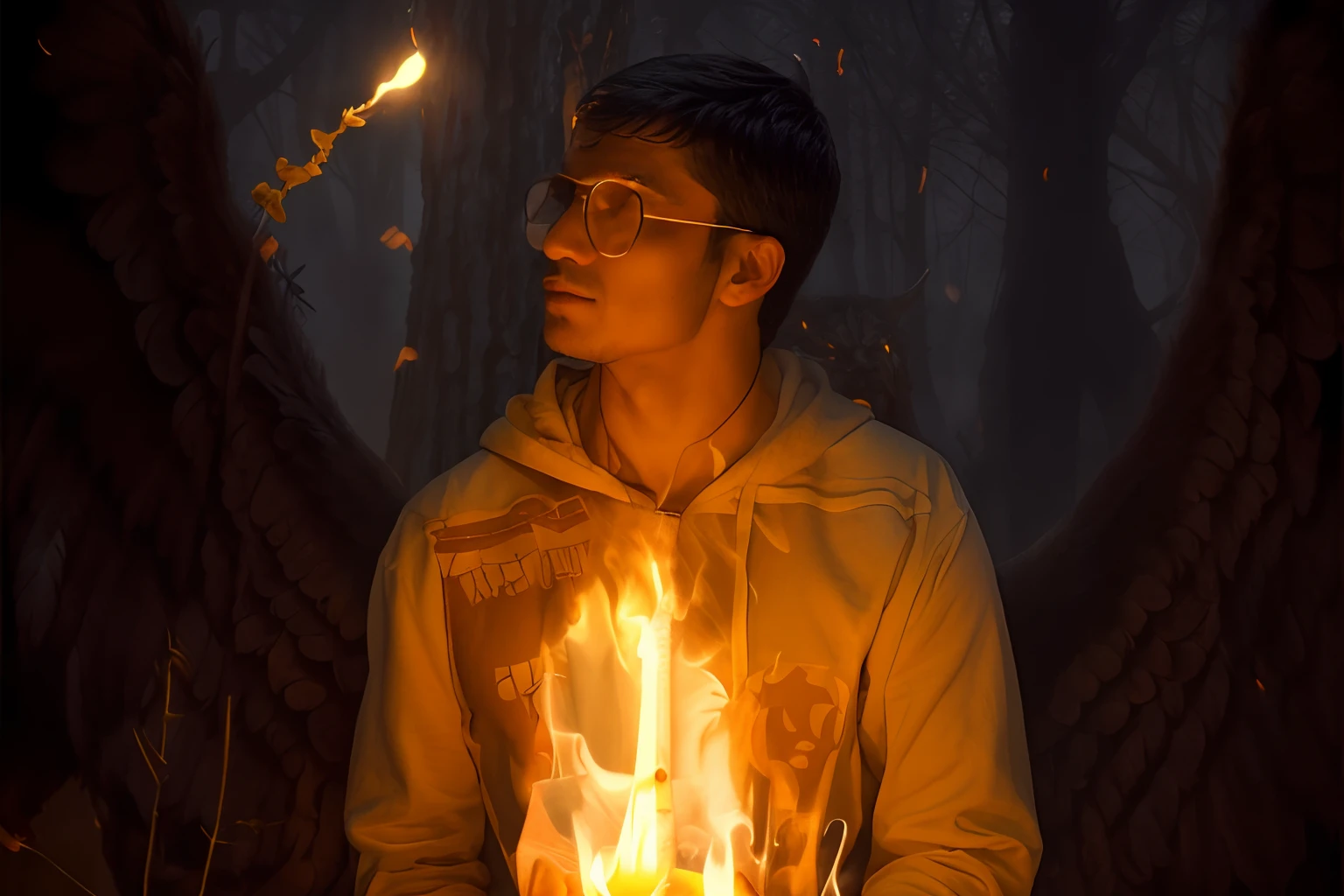 Create an image of a man and a demon. O homem com asas de anjo, e o diabo tem chifres gargalhando.
