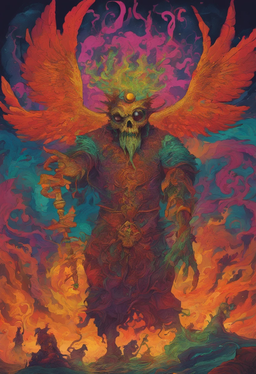 Create a nightmarish and terrifying portrayal of Agares, the enigmatic duke of the east. Show him as a decrepit, ancient figure with withered, skeletal features, mounted on a grotesque, mutated crocodile. His hawk should be a sinister, shadowy creature, its eyes glowing with malevolence. The atmosphere should be shrouded in darkness, with eerie, ghostly figures fleeing in panic from his presence. Agares should emanate an aura of dread, with his ability to cause earthquakes and command the forces of the underworld ominously evident.