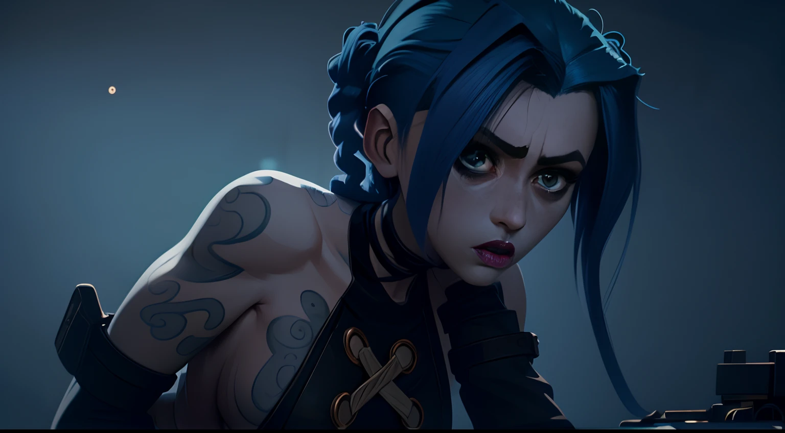 Jinx's character design, Holding a grenade launcher in the shape of a shark, crying, Hot Pink Tears, shoots, Screams, Explosions in the background, half naked, beautiful breasts, Sexy, Arcane's Jinx, sexypose, waves his hand, Pink glowing eyes, hairlong, hairsh, braided into long braids, Pigtails hang below the knee, Hair color changes from bright blue to navy blue, Dressed in brown breeches, Leather boots on the feet, Top with four gold circles on the chest in the middle of the chest, Blue cloud tattoos on shoulders and waist, Long bangs, hanging on the right side, Belt with cartridges on the belt, A pistol in a holster on his left leg, Arcane style, extremely detailed CG unity 8k wallpaper, detailed light, Cinematic lighting, chromatic aberration, glittering, expressionless, epic composition, dark in the background, Cherecter Desing, Very detailed, Detailed body, Vibrants, Detailed Face, sharp-focus, anime art, Vibrants, Detailed Face, Hugh Details, sharp-focus, Very drooping face, A detailed eye, super fine illustration, better shadow, finely detail, Beautiful detailed glow, Beautiful detailed, Extremely detailed, expressionless, epic composition, Presented at artstation, Octane Render, artstation hd, Cinematic, 4 thousand., hypermaximalist, elegant