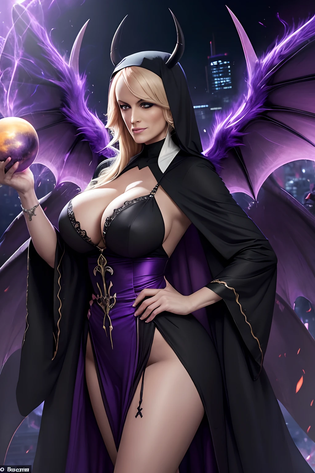 Stormy Daniels : The evil nun, Demon horn, Demon wings on the head , y robe de nonne, His hands preparing a sphere of purple energy, diabolique, insidieux, His powerful magic hits the buildings of a city , Context of the Satanic Church, detailled eyes, detailed hands