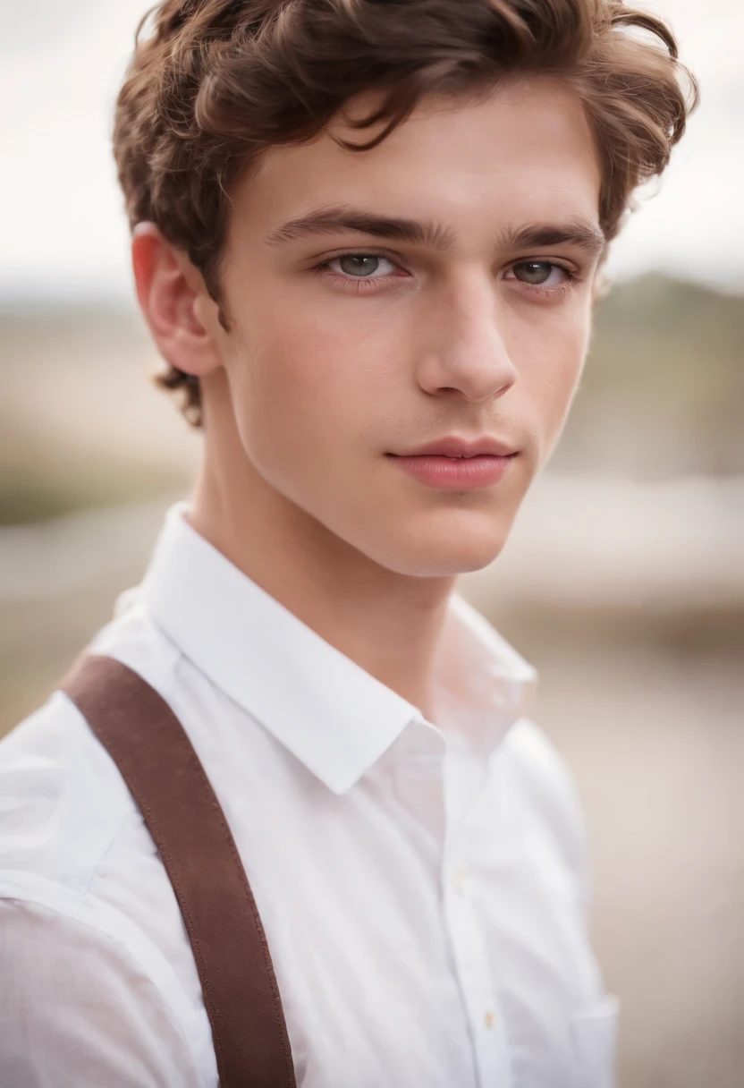 an extremely handsome teenage boy with brown curly hair, different coloured eyes, wearing a white button-up shirt