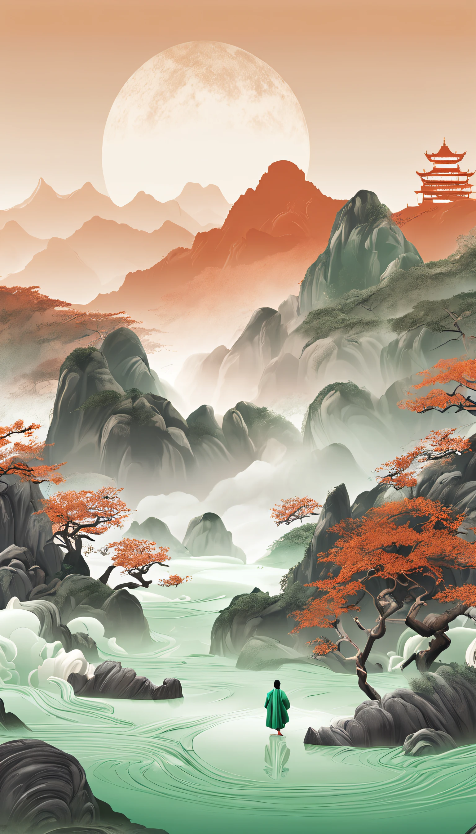 A person wearing Hanfu stands in the flowing mountains and waters in the style of fluid landscapes Song Dynasty fine brushwork landscape painting rendered in cinema 4d organic flowing forms Gothic landforms and landforms light green and white mediterranean landscapes fluid formation
