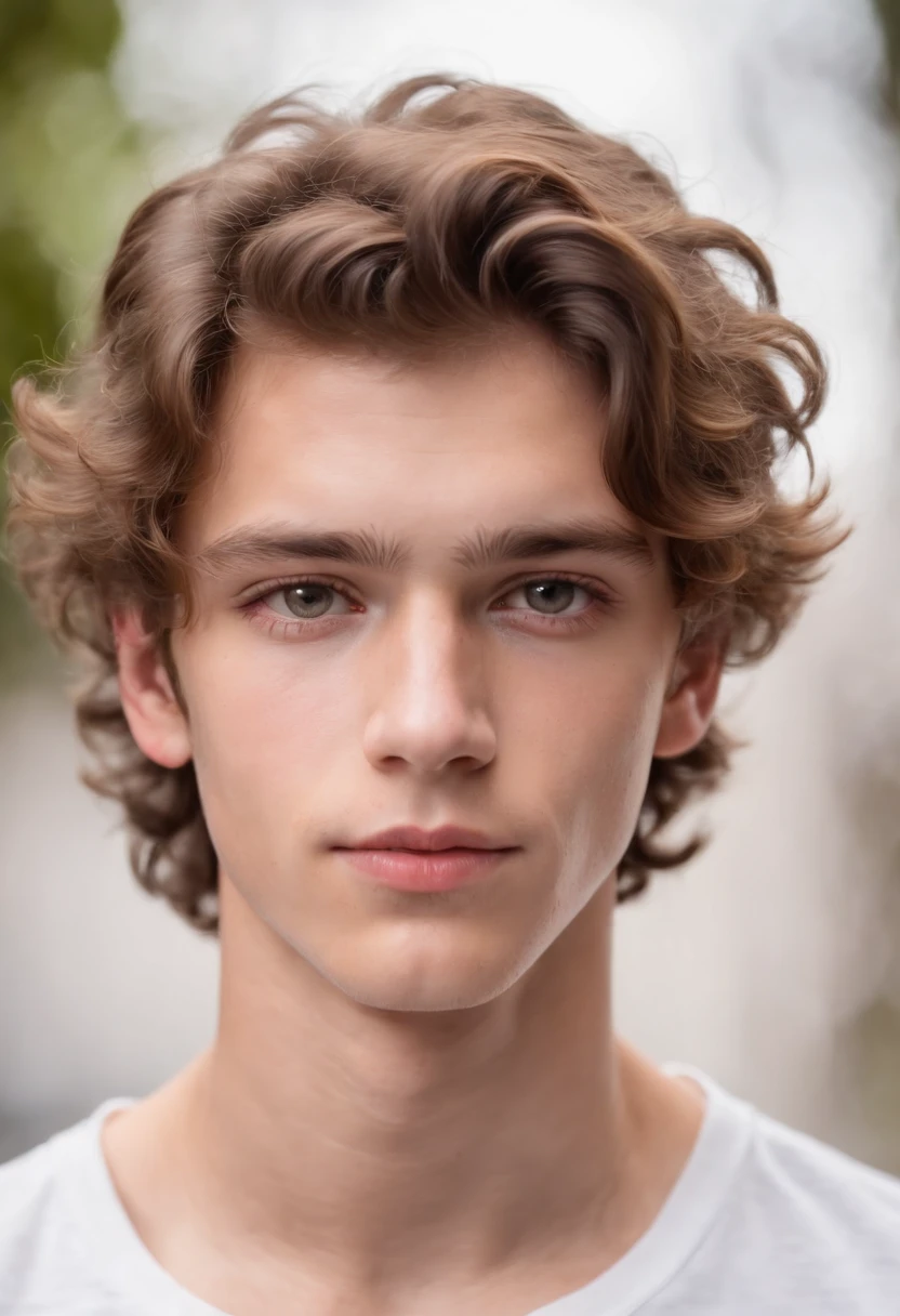 an extremely handsome teenage boy with brown curly hair, different coloured eyes, wearing a white button-tshirt