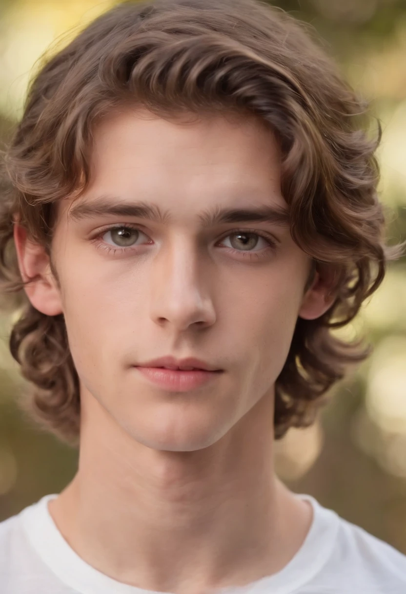 an extremely handsome teenage boy with brown curly hair, different coloured eyes, wearing a white button-tshirt