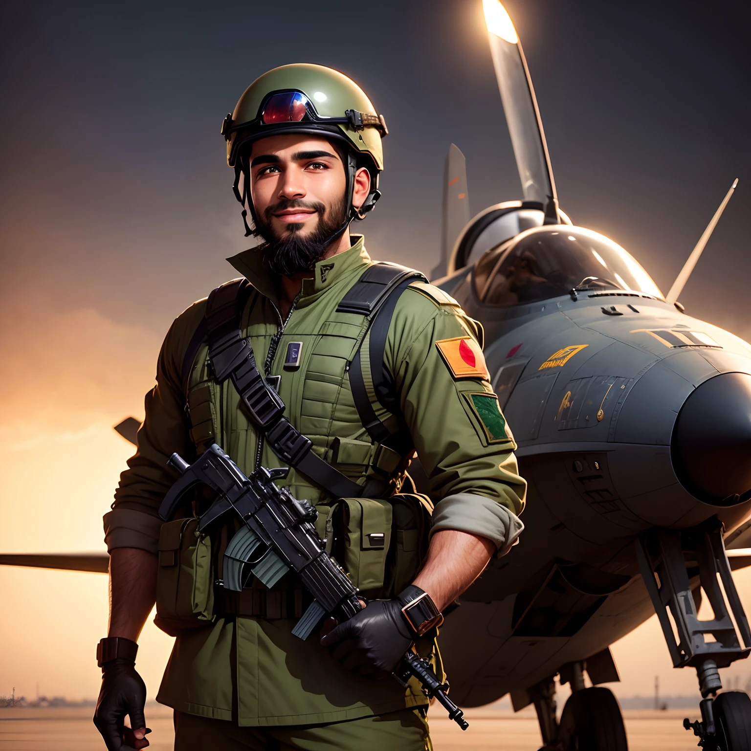 A handsome Muslim Soldier with short beard, simple hair style, smile on face, standing in front of a fighter jet, holding helmet in his hand, in night