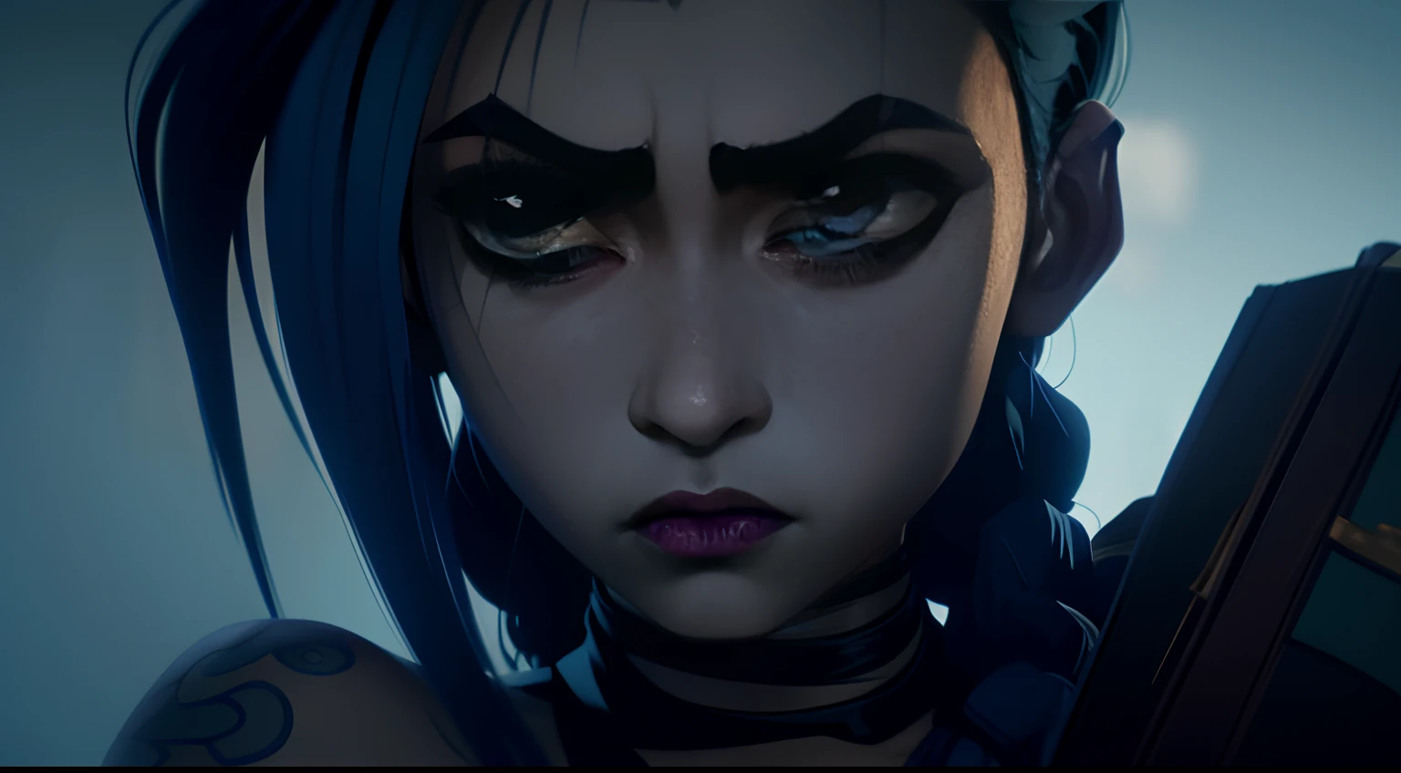 Jinx's character design, Crying, Hot Pink Tears, Screams, closeup face, Explosions in the background, beautiful breasts, Sexy, Arcane's Jinx, sexypose, waves his hand, Pink glowing eyes, hairlong, hairsh, braided into long braids, Pigtails hang below the knee, Hair color changes from bright blue to navy blue, Dressed in brown breeches, Leather boots on the feet, Top with four gold circles on the chest in the middle of the chest, Blue cloud tattoos on shoulders and waist, Long bangs, hanging on the right side, Belt with cartridges on the belt, A pistol in a holster on his left leg, Arcane style, extremely detailed CG unity 8k wallpaper, detailed light, Cinematic lighting, chromatic aberration, glittering, expressionless, epic composition, dark in the background, Cherecter Desing, Very detailed, Detailed body, Vibrants, Detailed Face, sharp-focus, anime art, Vibrants, Detailed Face, Hugh Details, sharp-focus, Very drooping face, A detailed eye, super fine illustration, better shadow, finely detail, Beautiful detailed glow, Beautiful detailed, Extremely detailed, expressionless, epic composition, Presented at artstation, Octane Render, artstation hd, Cinematic, 4 thousand., hypermaximalist, elegant