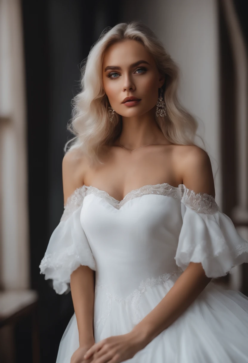 Realistic white influencer on Instagram, best quality, Blond, 女の子1人, blaue Augen, In a white, engen kurzen Kleid